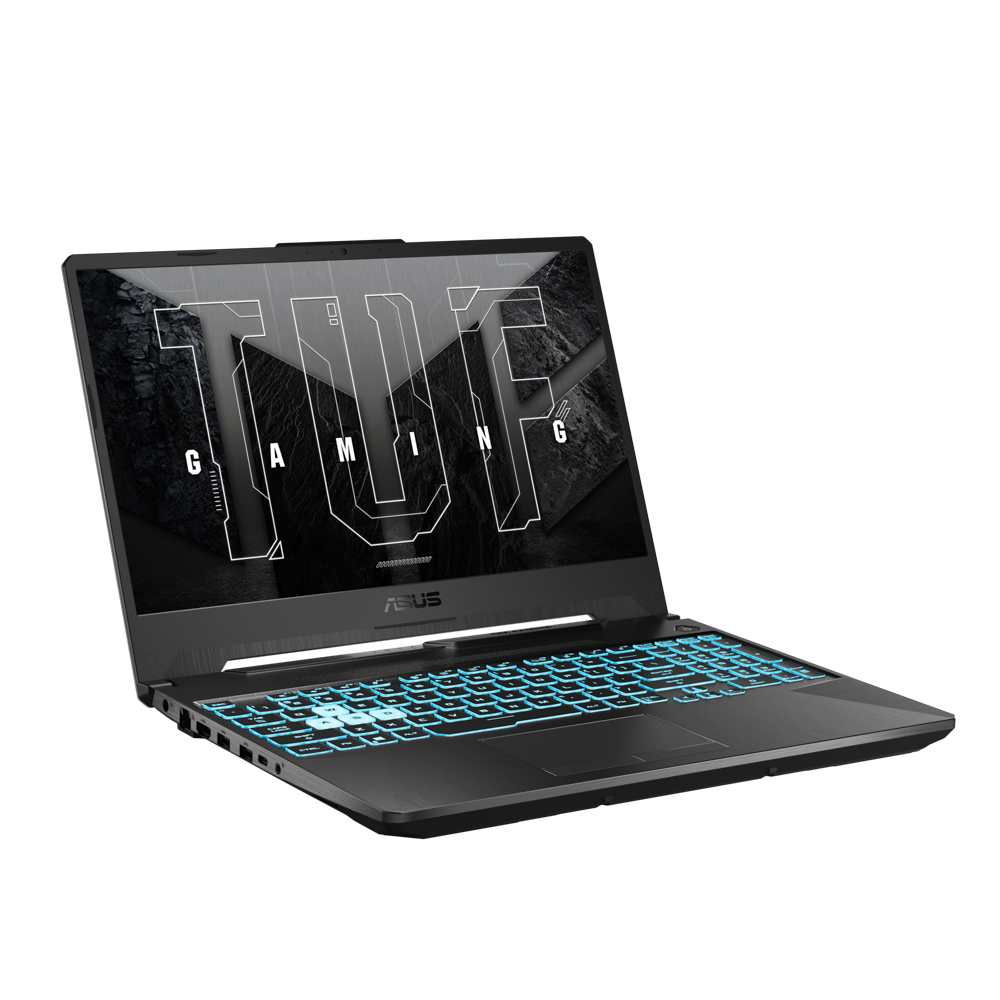 Siyah bir yüzeyde, arkadan aydınlatmalı bir klavyeye sahip siyah bir ASUS TUF oyun dizüstü bilgisayarı.