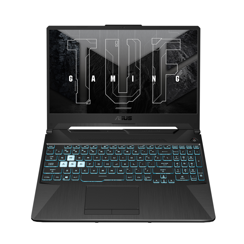 Siyah bir ASUS TUF Gaming dizüstü bilgisayar. Mavi arka aydınlatmalı bir klavyeye ve bir ekrana sahip.