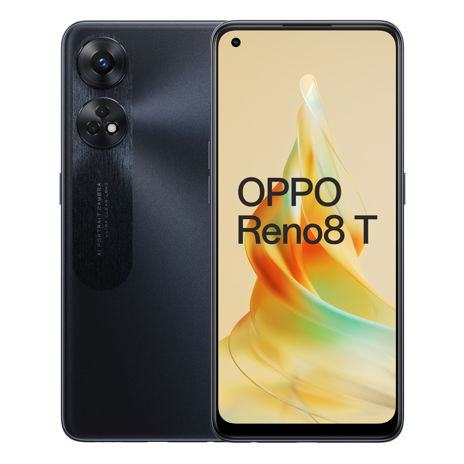 Zwarte Oppo Reno8 T telefoon met een camera met dubbele lens en een scherm met de naam van de telefoon.