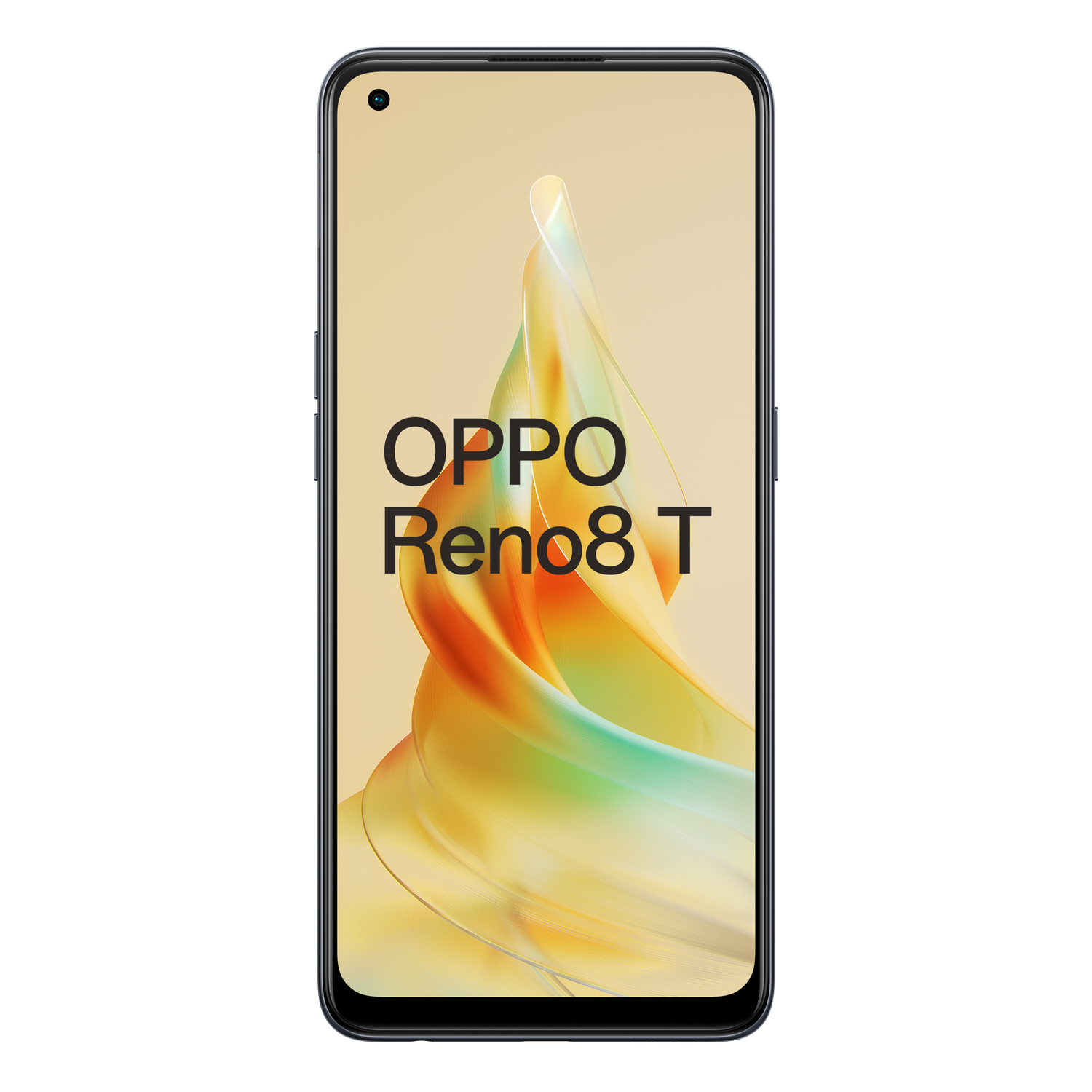 Oppo Reno8 T telefoon met een scherm dat de telefoonnaam weergeeft.