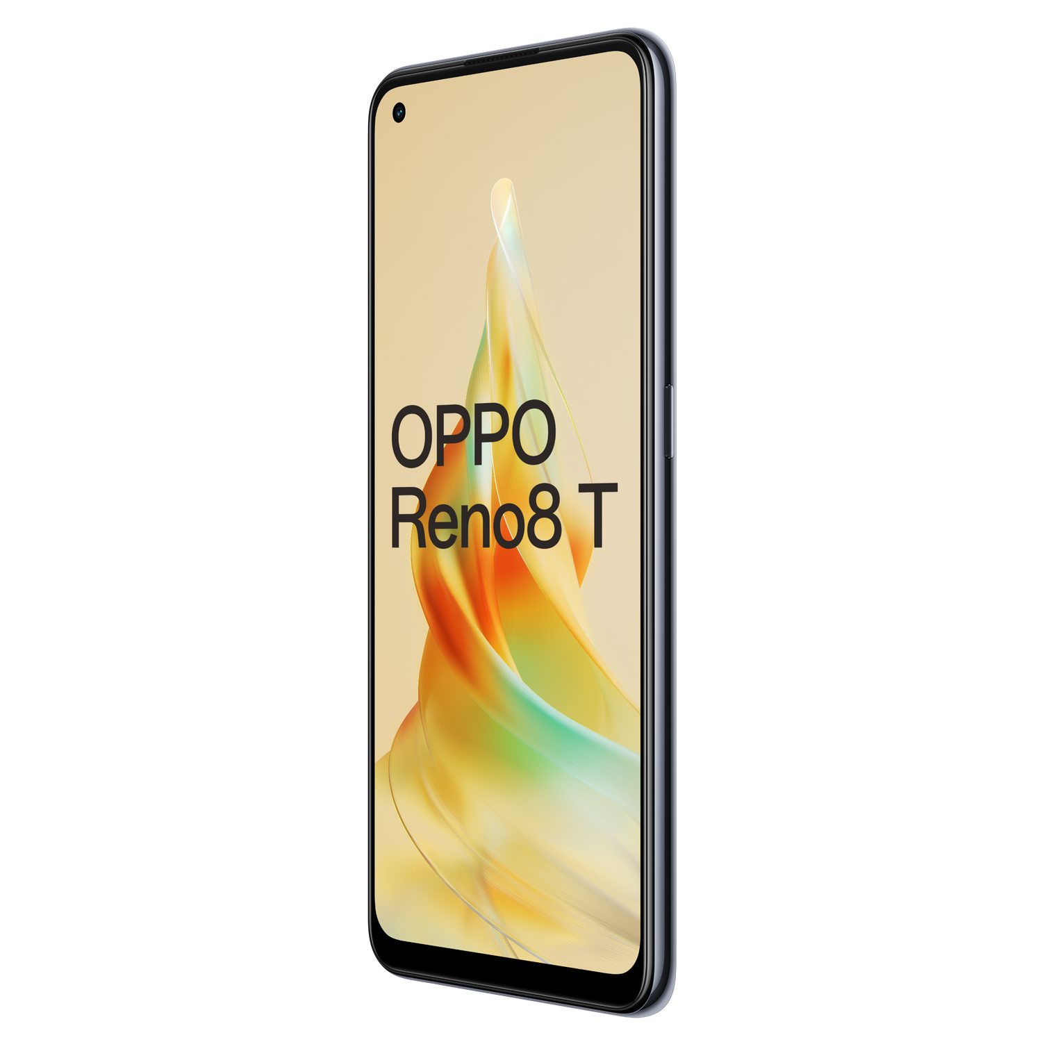 OPPO Reno8 T-telefoon op zwarte achtergrond, met een kleurrijk abstract ontwerp op het scherm.