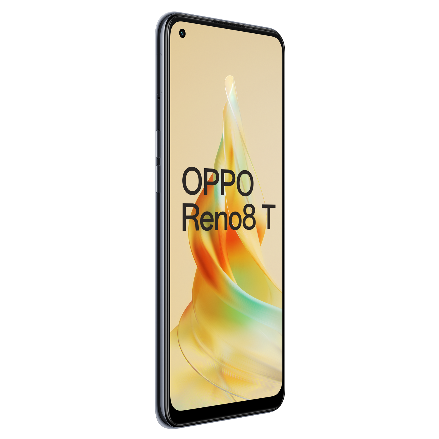 OPPO Reno8 T-telefoon, met een gouden scherm, tegen een donkere achtergrond. De telefoon staat rechtop.