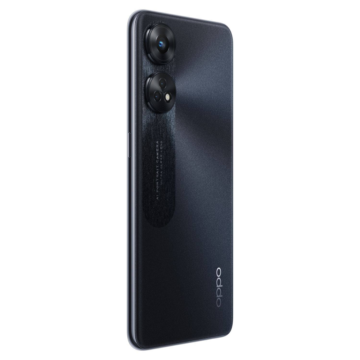 Zwarte Oppo telefoonrug met camera's. Zwarte achtergrond.