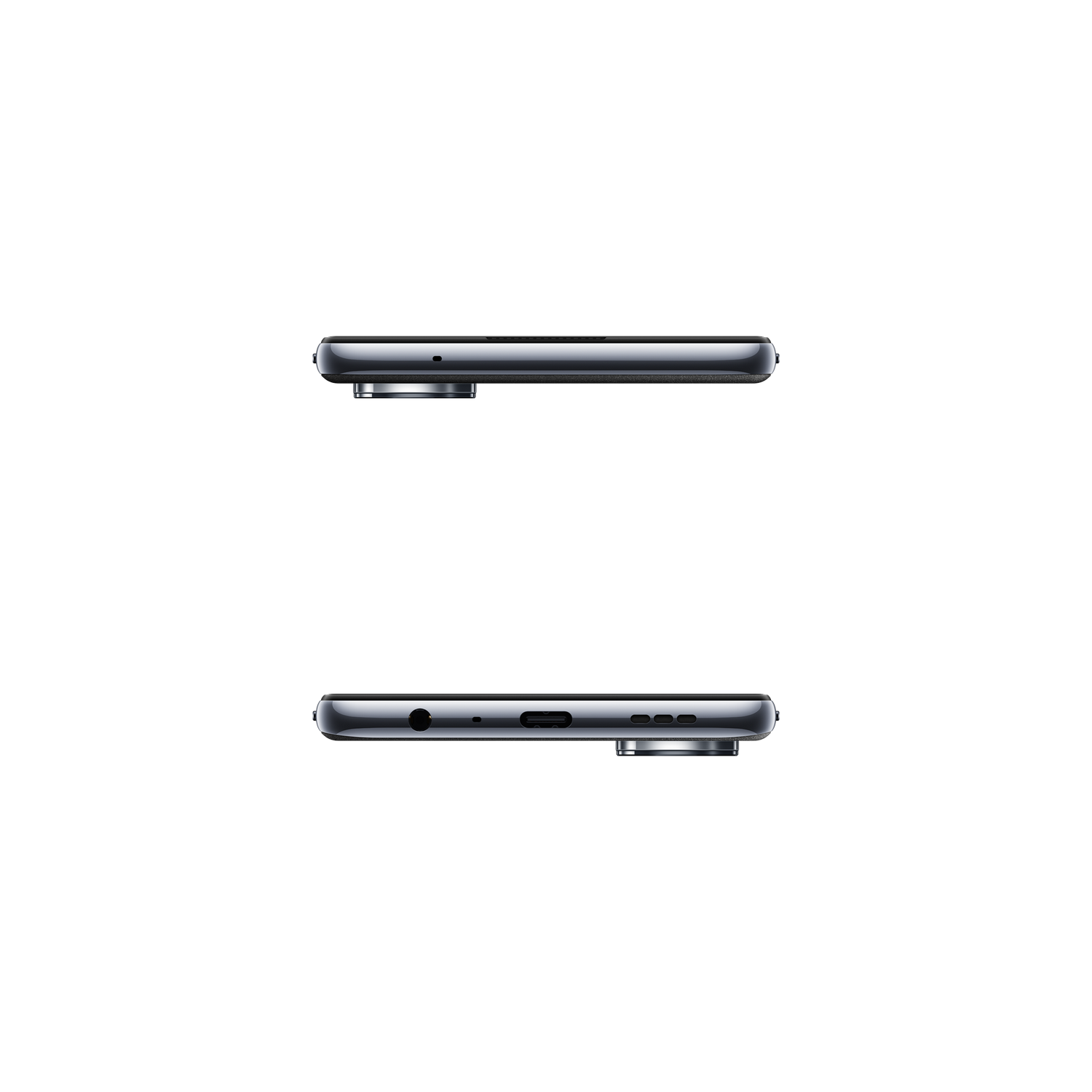 Twee aanzichten van een telefoon, zijaanzicht, zwarte achtergrond.