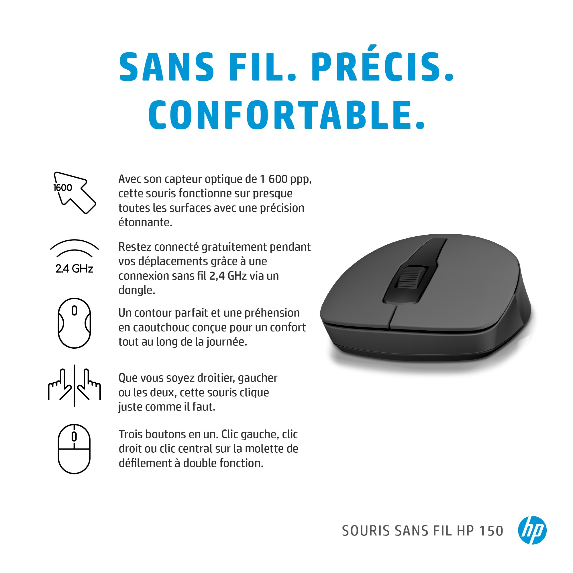 A wireless mouse against a white background, with text and icons.