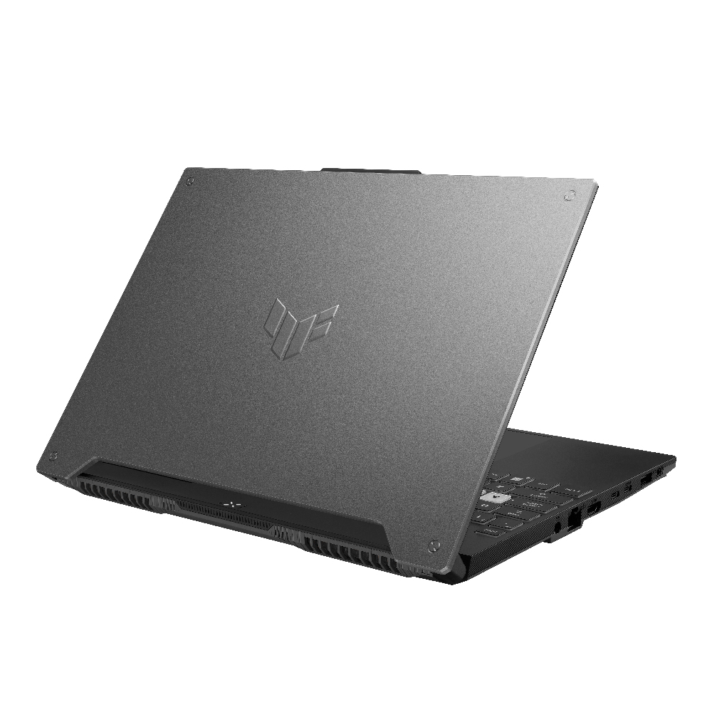 Koyu gri dizüstü bilgisayar. Arkada ASUS logosu.