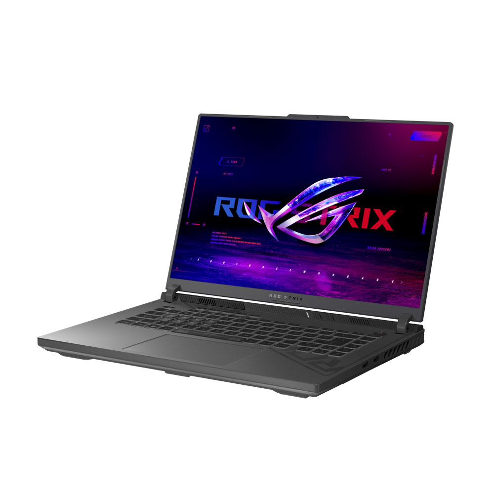 ROG Strix logosunu ve bir oyun arayüzünü gösteren aydınlatmalı bir ekrana sahip siyah bir dizüstü bilgisayar.