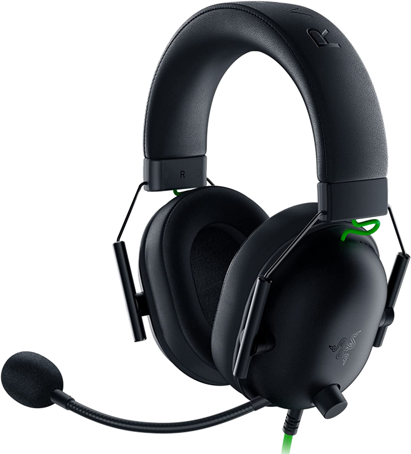 Fekete Razer gamer fejhallgató mikrofonnal és Razer logóval.