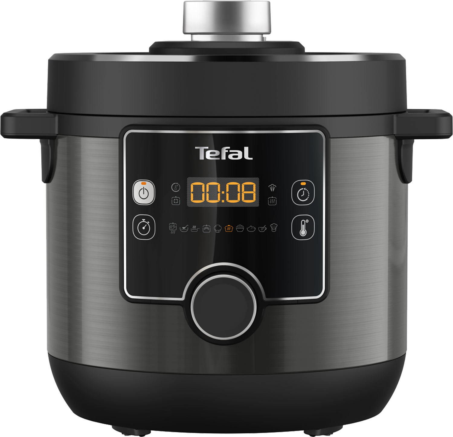 Een close-up van een Tefal snelkookpan met een digitaal display met tijd en diverse kookopties.