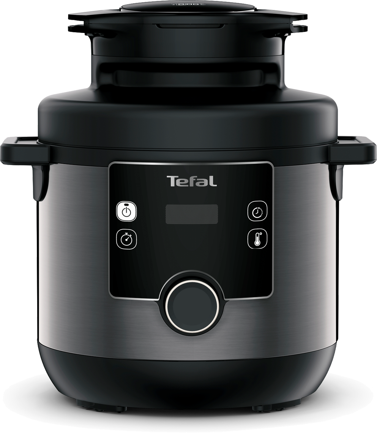 Zwarte en stalen Tefal snelkookpan op een witte achtergrond.