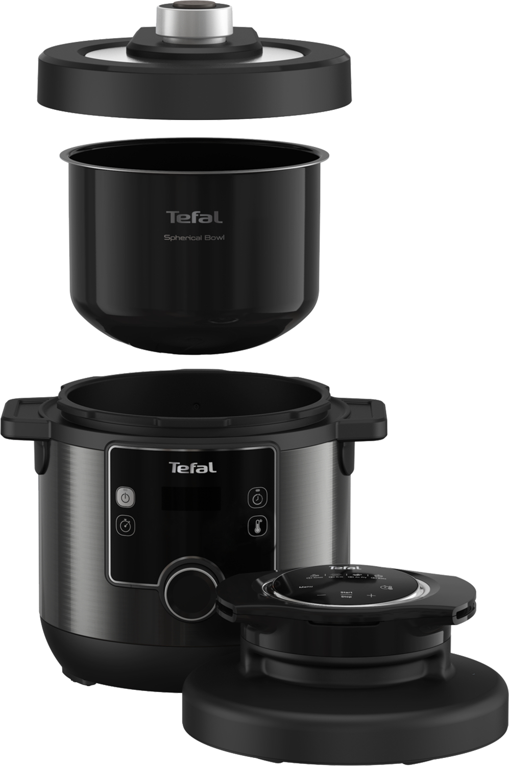 Zwarte en zilveren Tefal Spherical Bowl snelkookpan, met deksel en componenten.