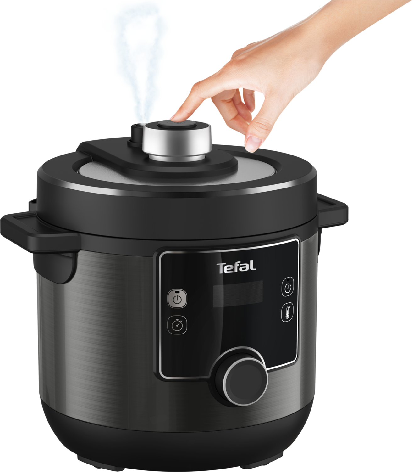 Een zwarte Tefal snelkookpan met ontsnappende stoom, een hand drukt op een knop.