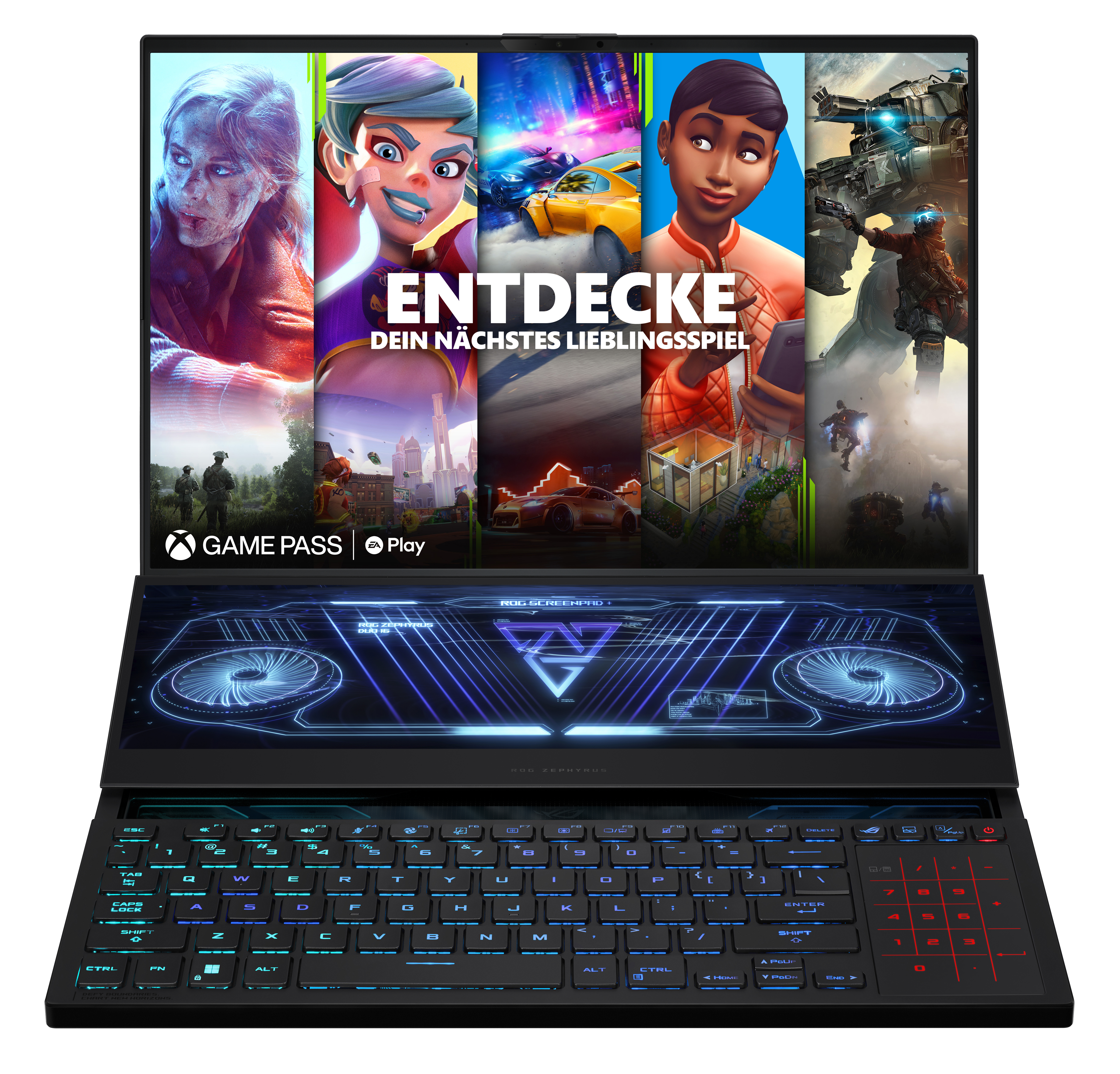 Laptop, der Spiele zeigt. Oben: weiblicher Avatar. Unten: Tastatur und Bildschirm.