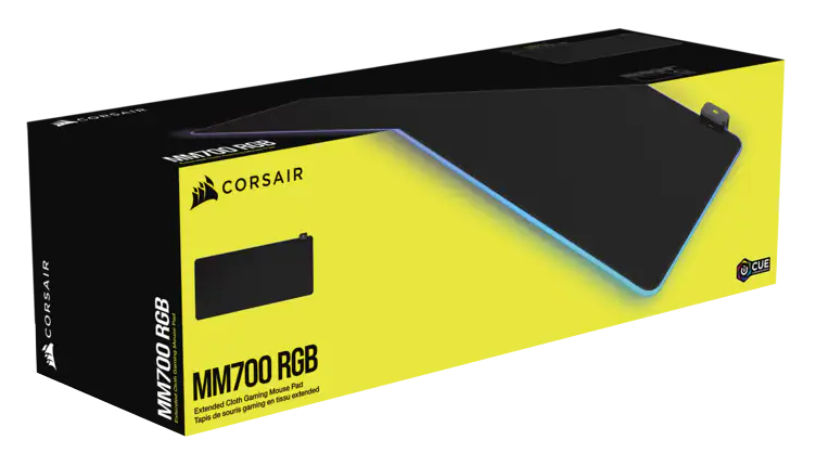 Corsair MM700 RGB egérpad doboza. A doboz sárga és fekete.