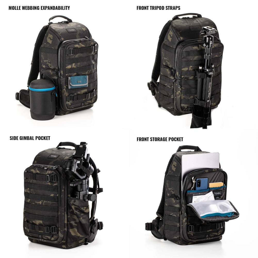 Schwarzer taktischer Rucksack mit mehreren Taschen, Gurten und einer Seitentasche mit einer Wasserflasche.