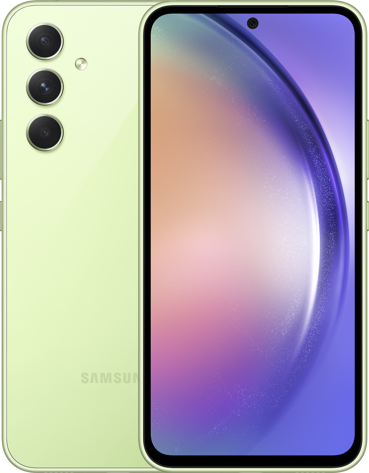 Zöld telefon. A hátoldalon három kamera van. A képernyő színes absztrakt dizájnt mutat.