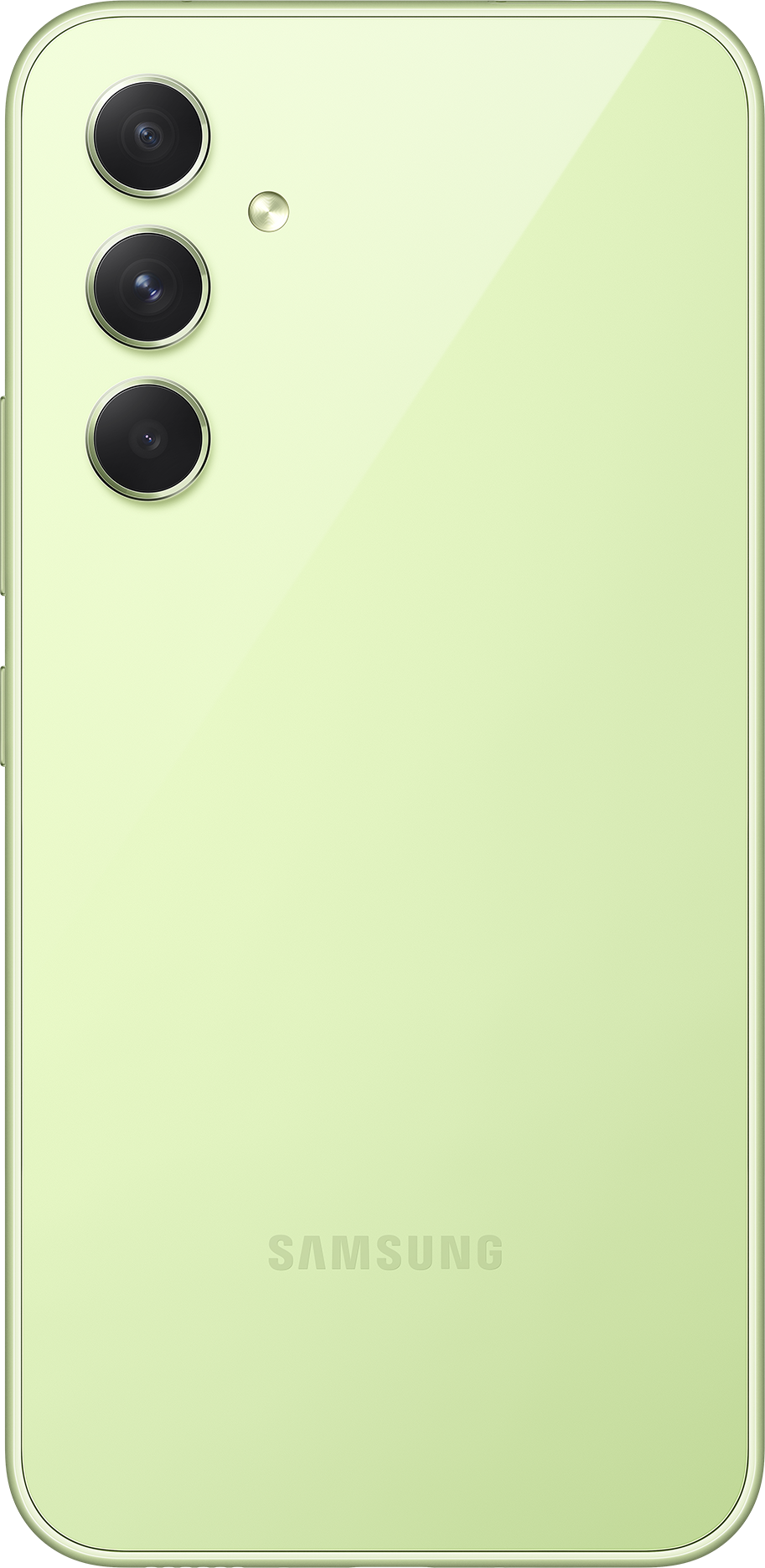 Világoszöld telefon három kamerával a hátulján.