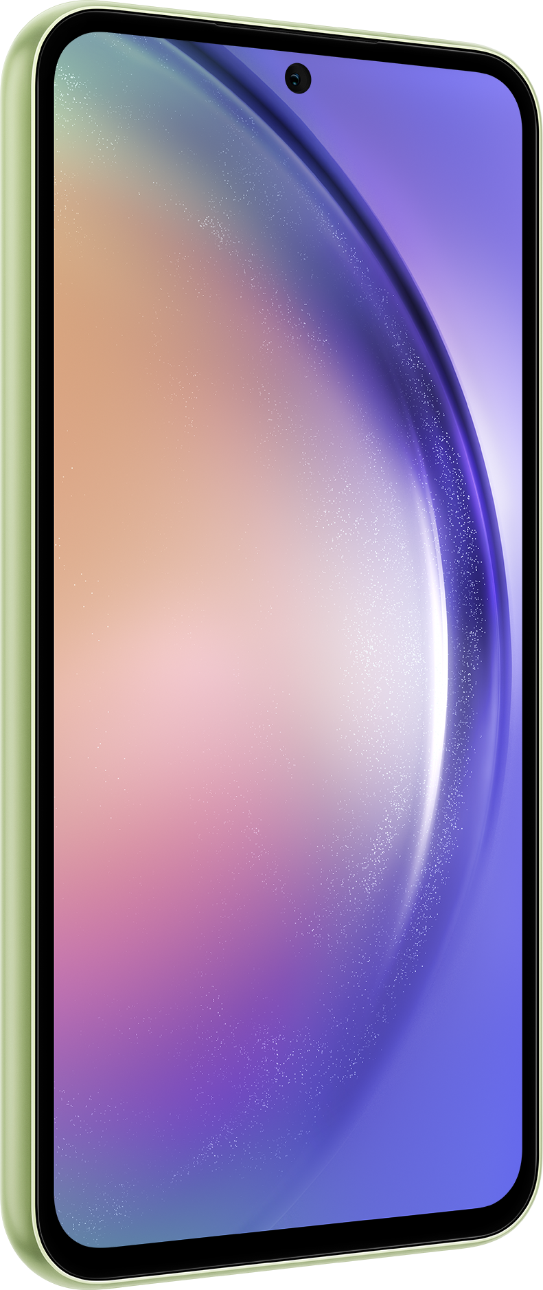 Egy zöld telefon nagy képernyővel ferdén van bemutatva. A képernyő színes képet mutat.