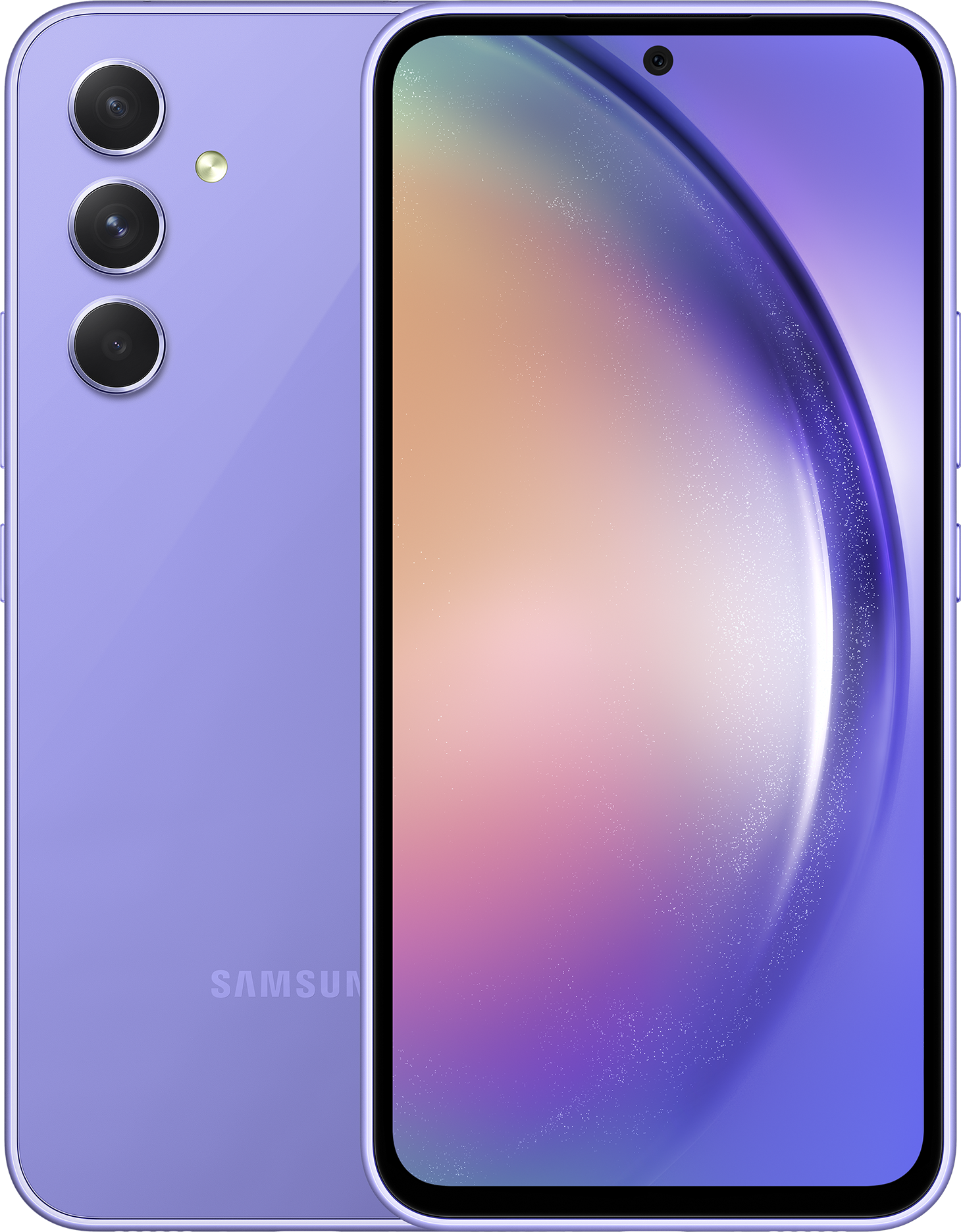 Lila Samsung telefon, hátulnézet és elölnézet. Három kamera lencse a hátoldalon.
