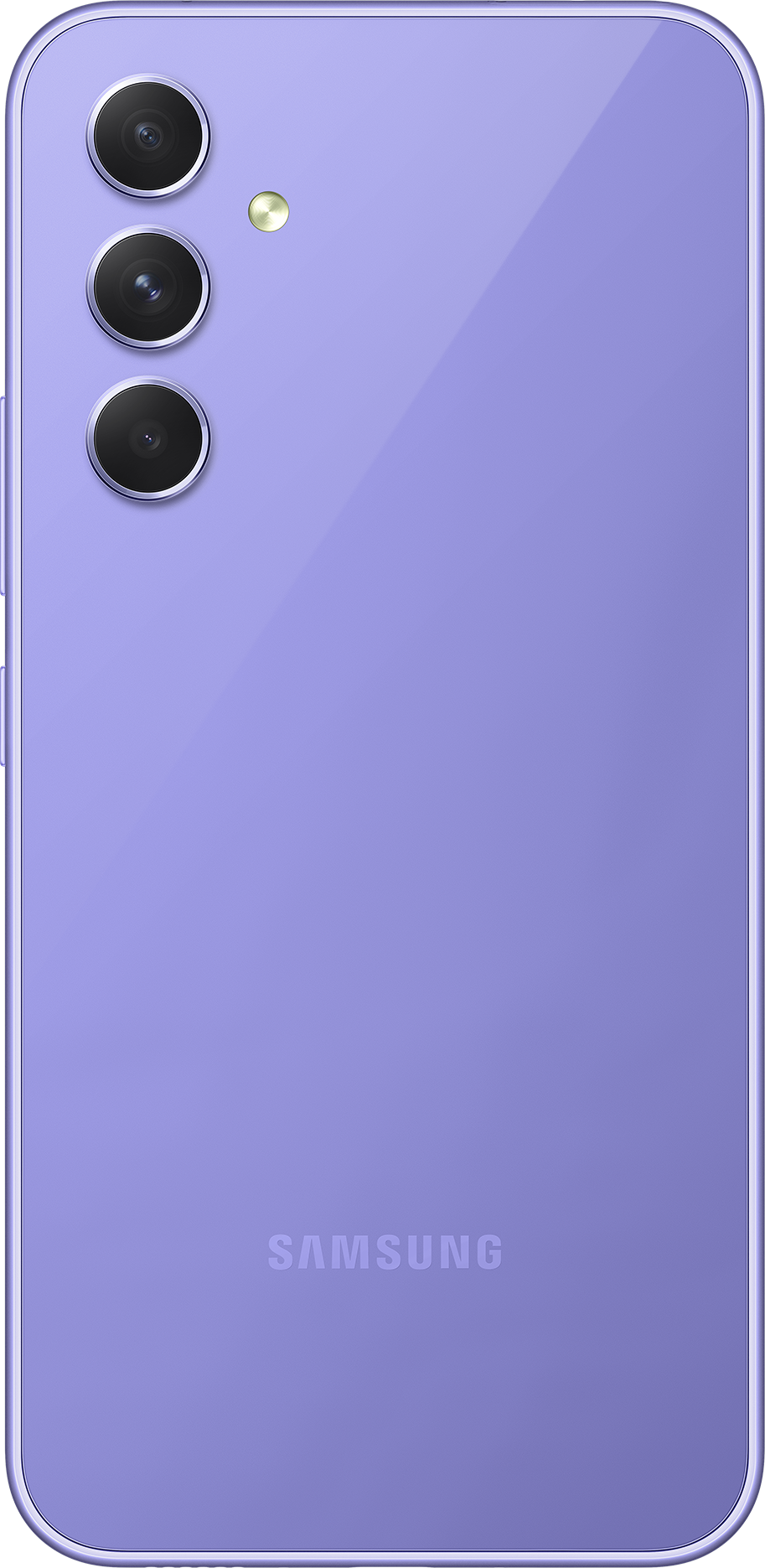 Lila Samsung telefon hátulja három kamerával és a márka logójával.