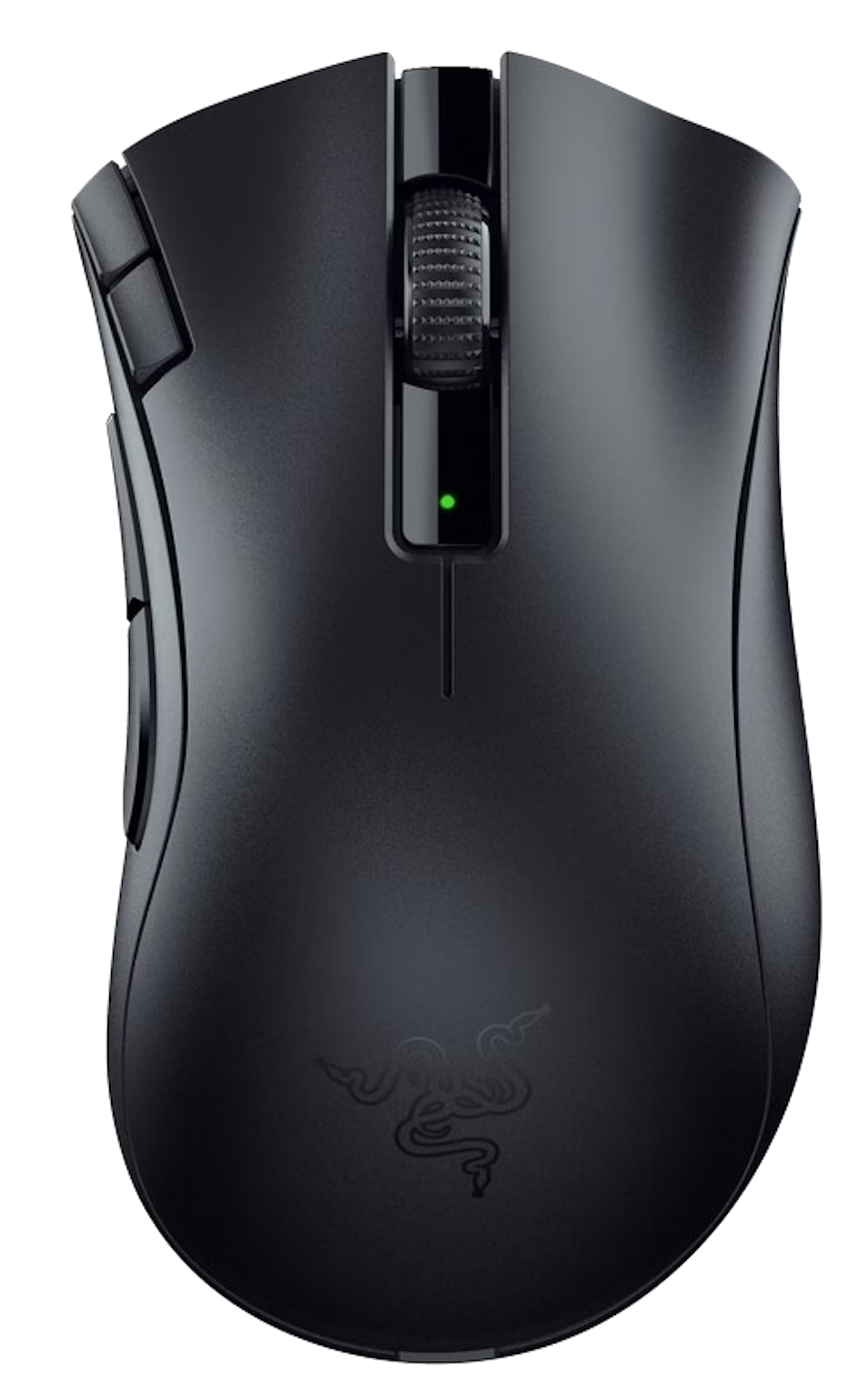 Fekete Razer gaming egér. Gombokkal, görgetőkerékkel és egy zöld LED-del rendelkezik.