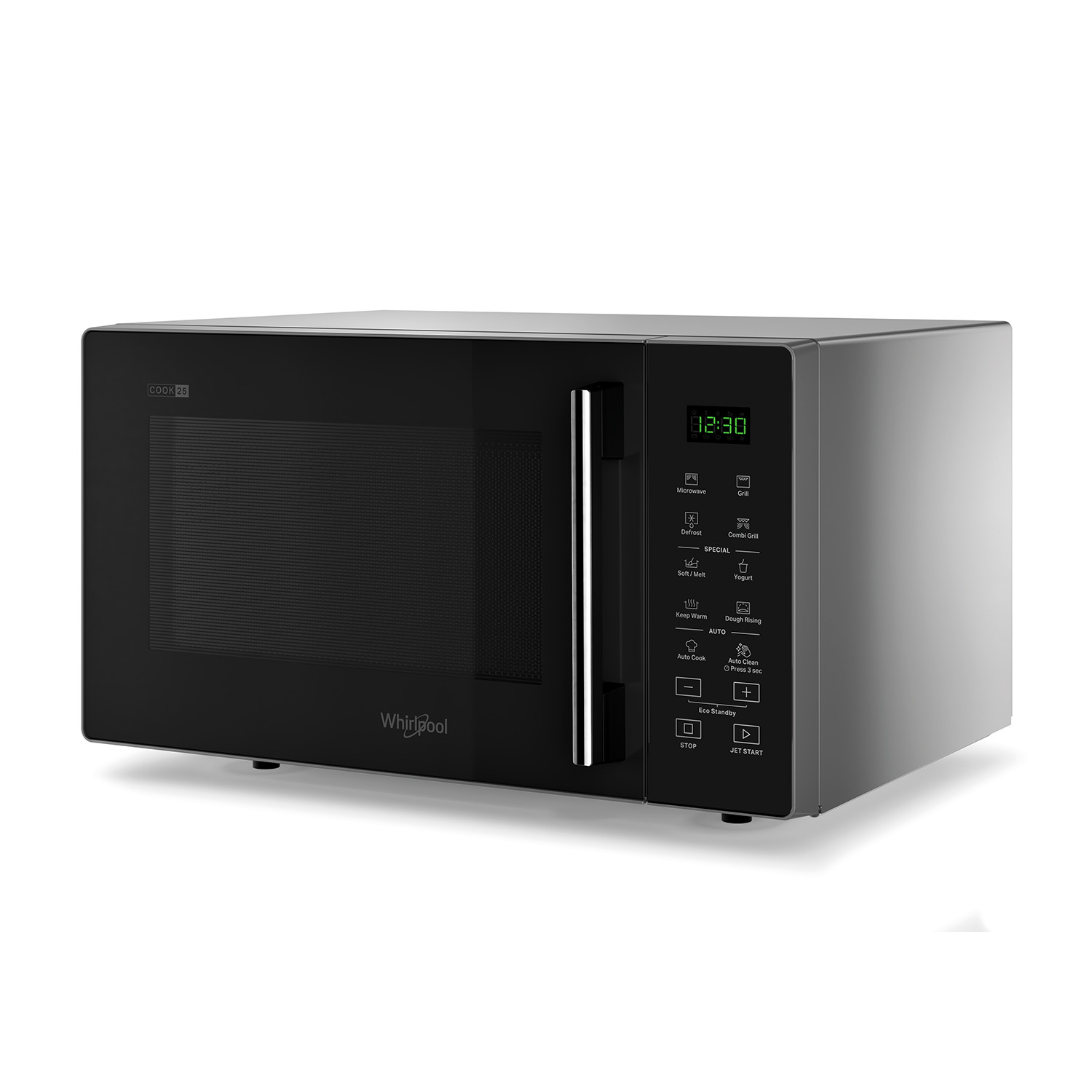 Un forno a microonde nero con display digitale che mostra l'ora. È visibile un logo Whirlpool.