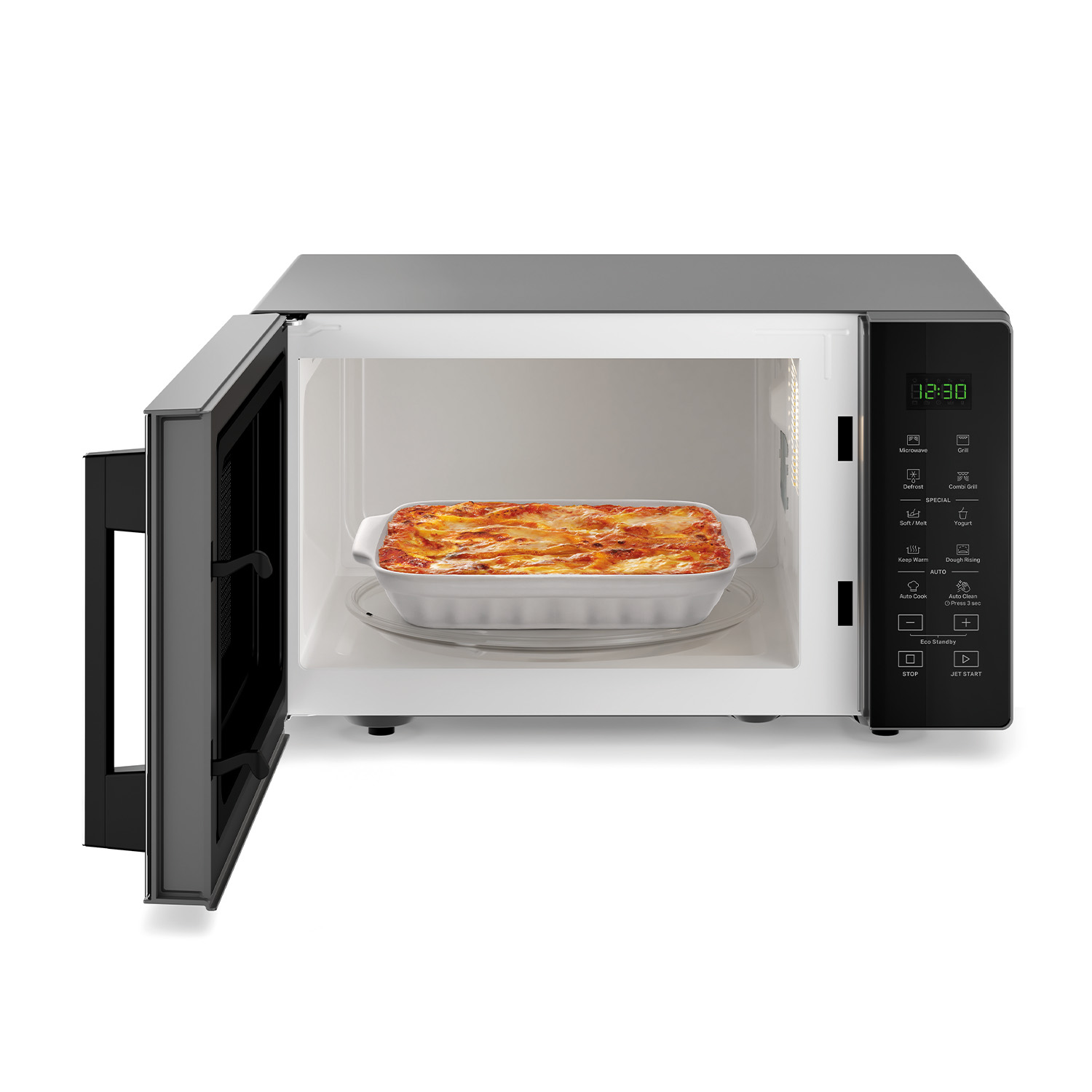 Forno a microonde aperto, con cibo dentro, su sfondo bianco.