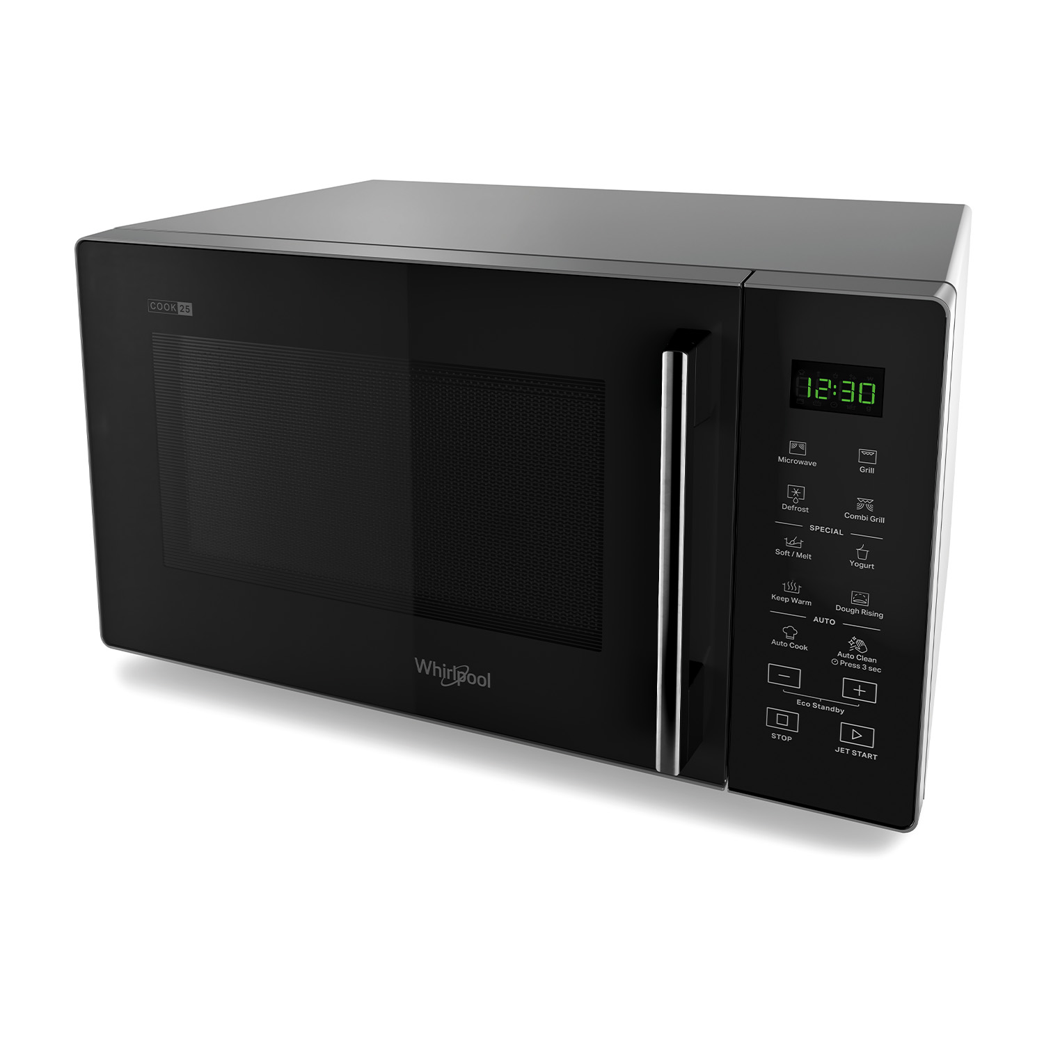 Forno a microonde nero su sfondo bianco. Mostra l'ora 12:30 sul display.