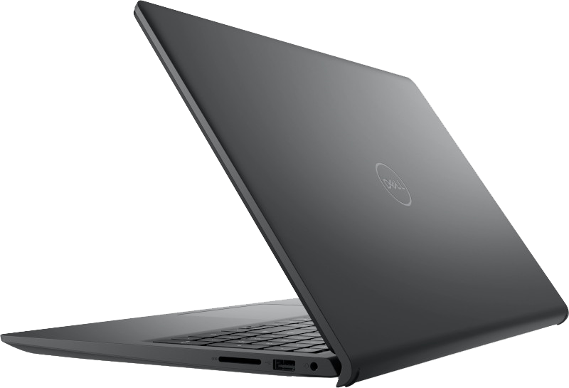 Sötétszürke laptop, nyitva, Dell logóval, ferde nézetben a billentyűzet és a képernyő látható.