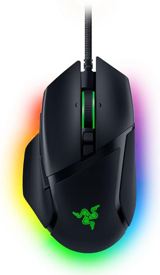 Fekete gamer egér RGB világítással és Razer logóval.