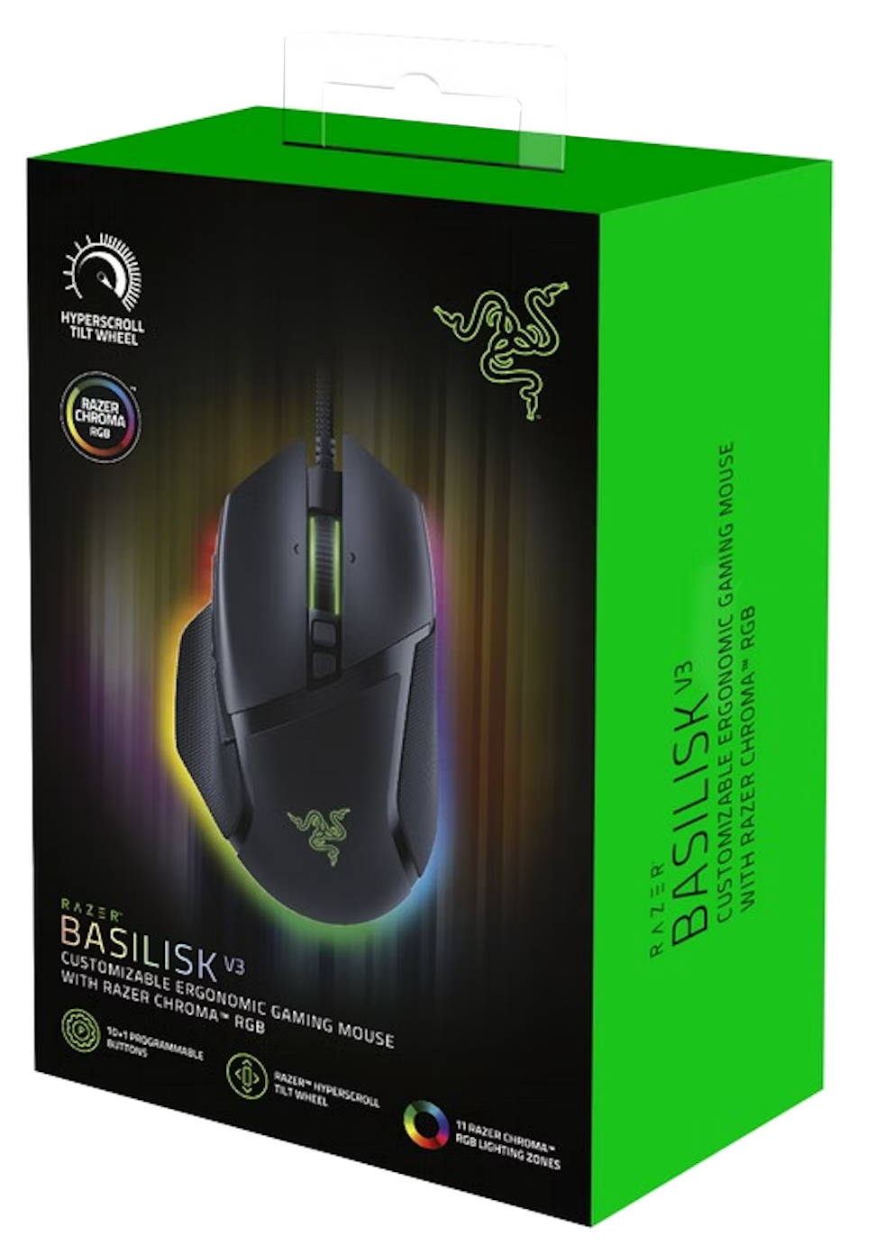 Zöld és fekete doboz egy Razer Basilisk V3 gaming egérhez, az egér látható a dobozon.