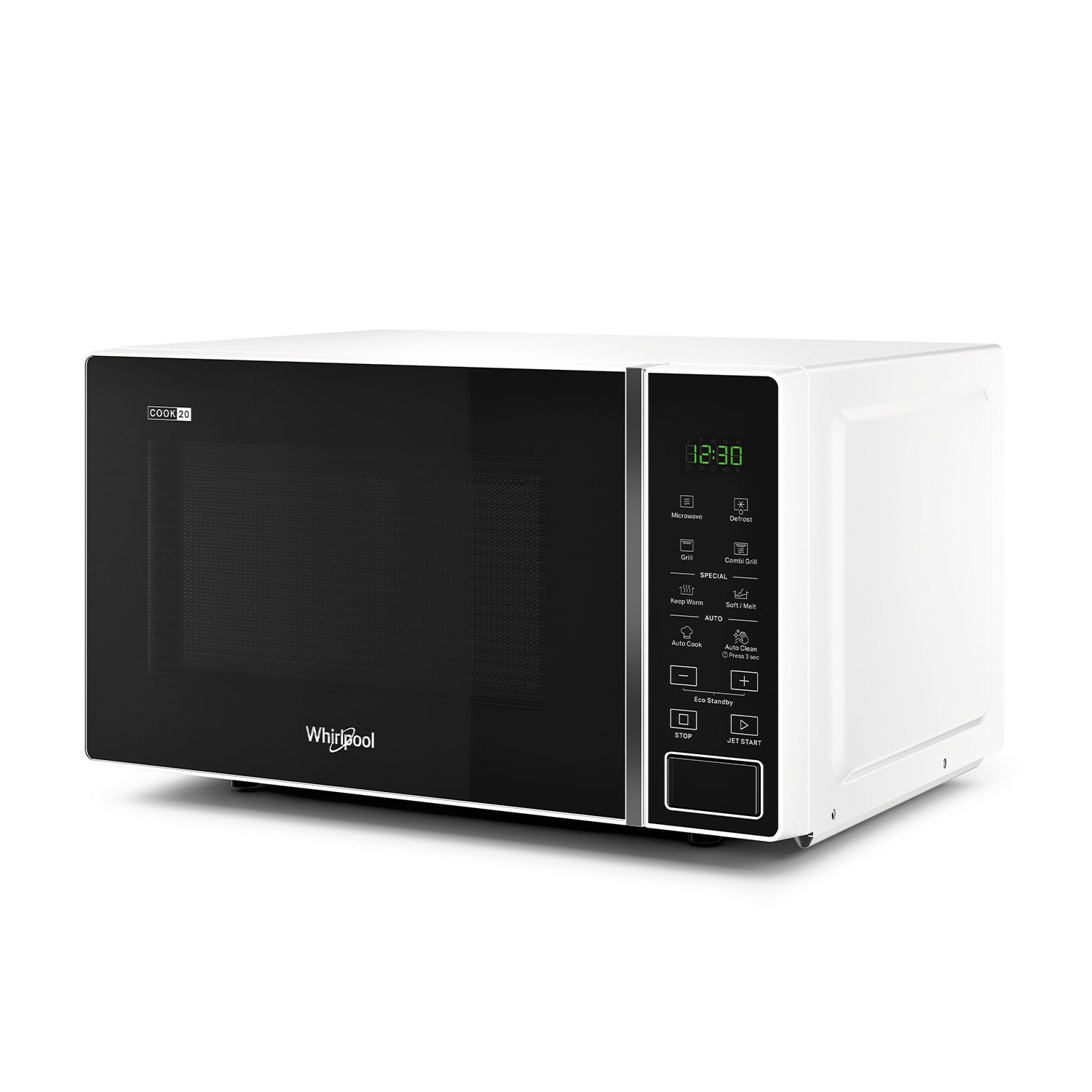 Microonde Whirlpool bianca. Porta nera, display digitale, pulsanti di controllo. Su sfondo bianco.