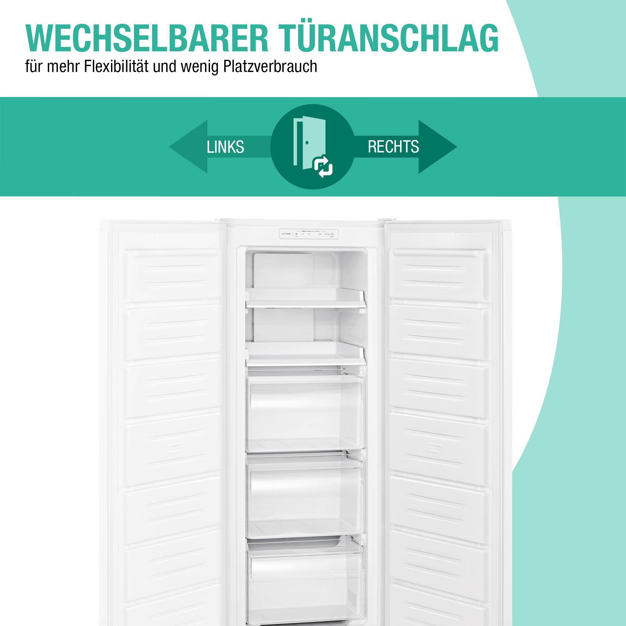 Ein weißer Kühlschrank mit geöffneten Türen. Pfeile zeigen die wechselbaren Türanschläge.