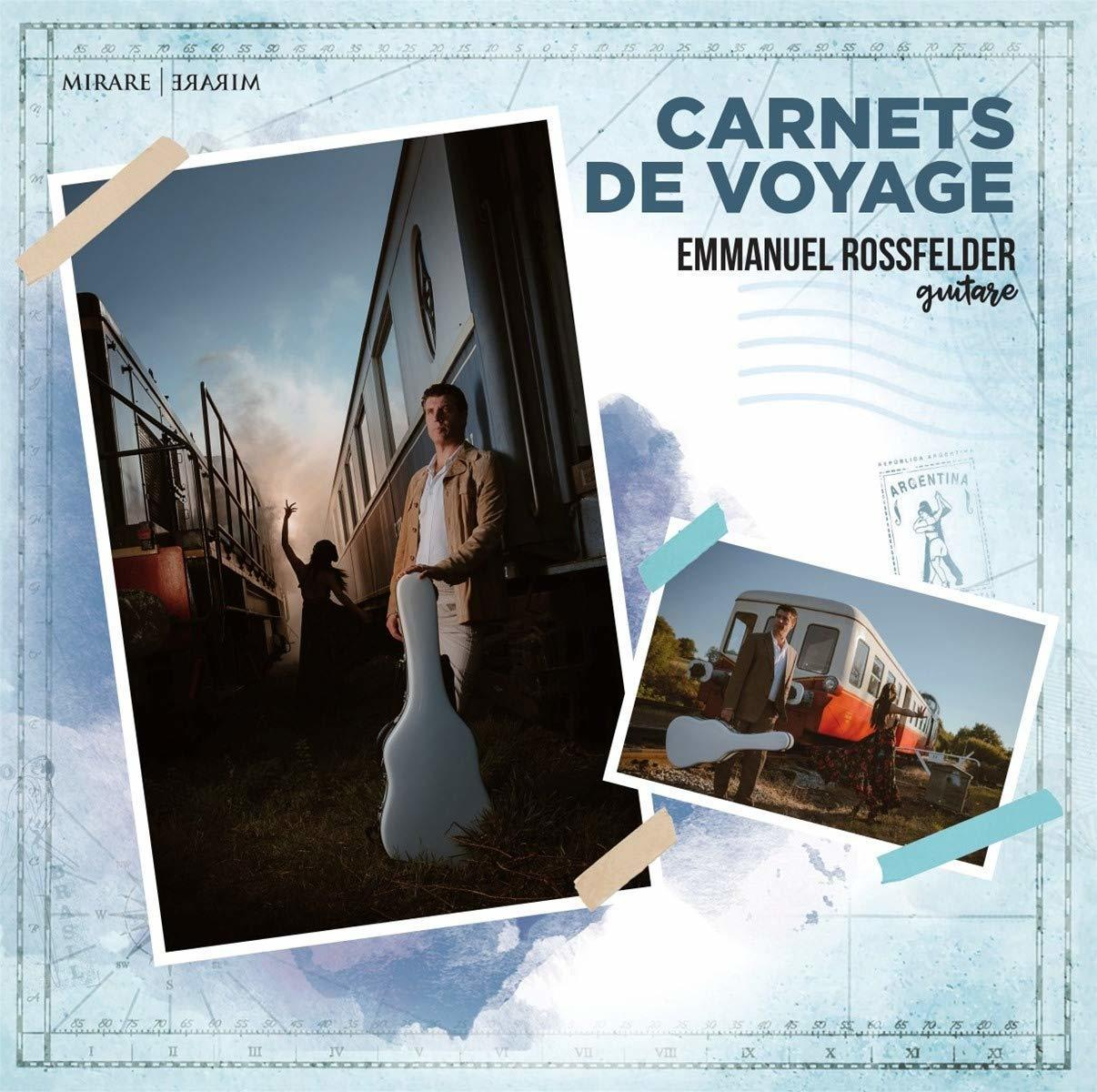 Férfi gitártokkal a vonat mellett áll. 'Carnets de Voyage' cím és a szerző neve. Egy nő táncol. Kis fotó férfival és nővel.