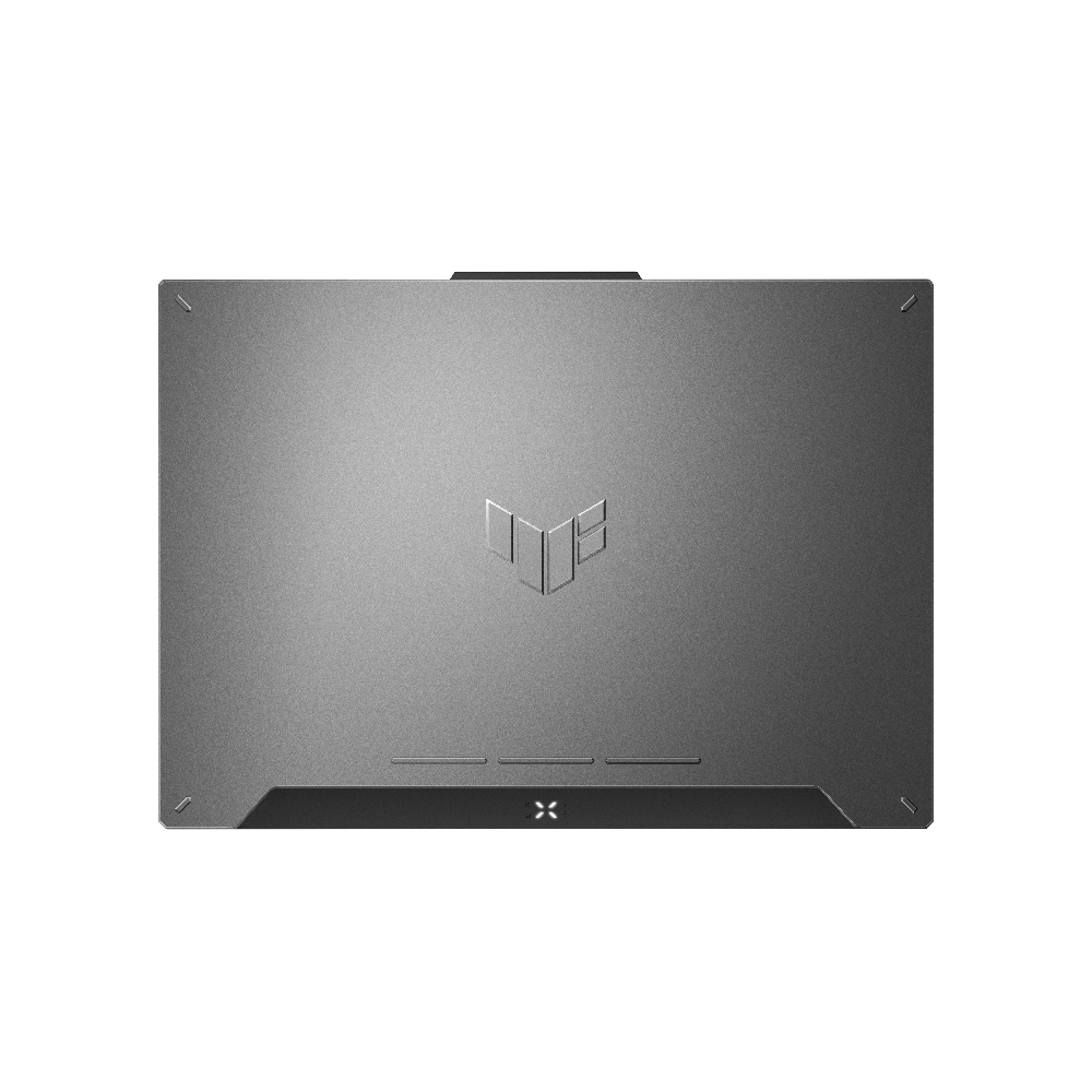Gri bir ASUS dizüstü bilgisayarın üstten görünümü, kapağında bir logo var.