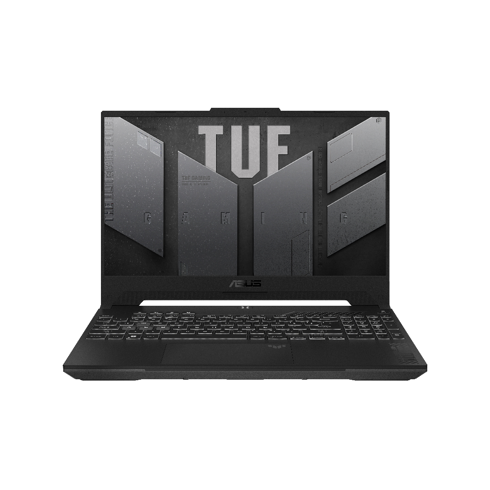 Siyah bir yüzeyde açık olan siyah bir ASUS TUF oyun dizüstü bilgisayarı. Klavye ve ekran görünür.