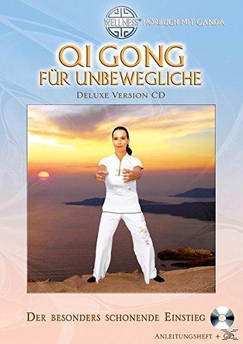 CD-Cover mit einer Frau in Weiß, die Qi Gong macht. Sonnenuntergang im Hintergrund und Text auf Deutsch.