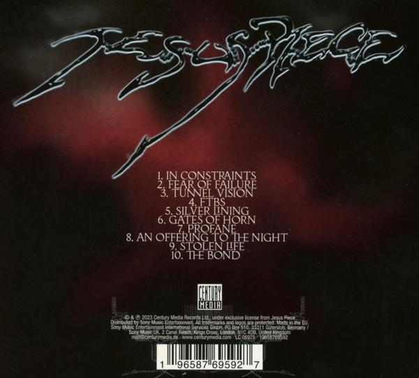 Ein schwarzes Albumcover mit silbernem Text und einer Liste von Songtiteln.