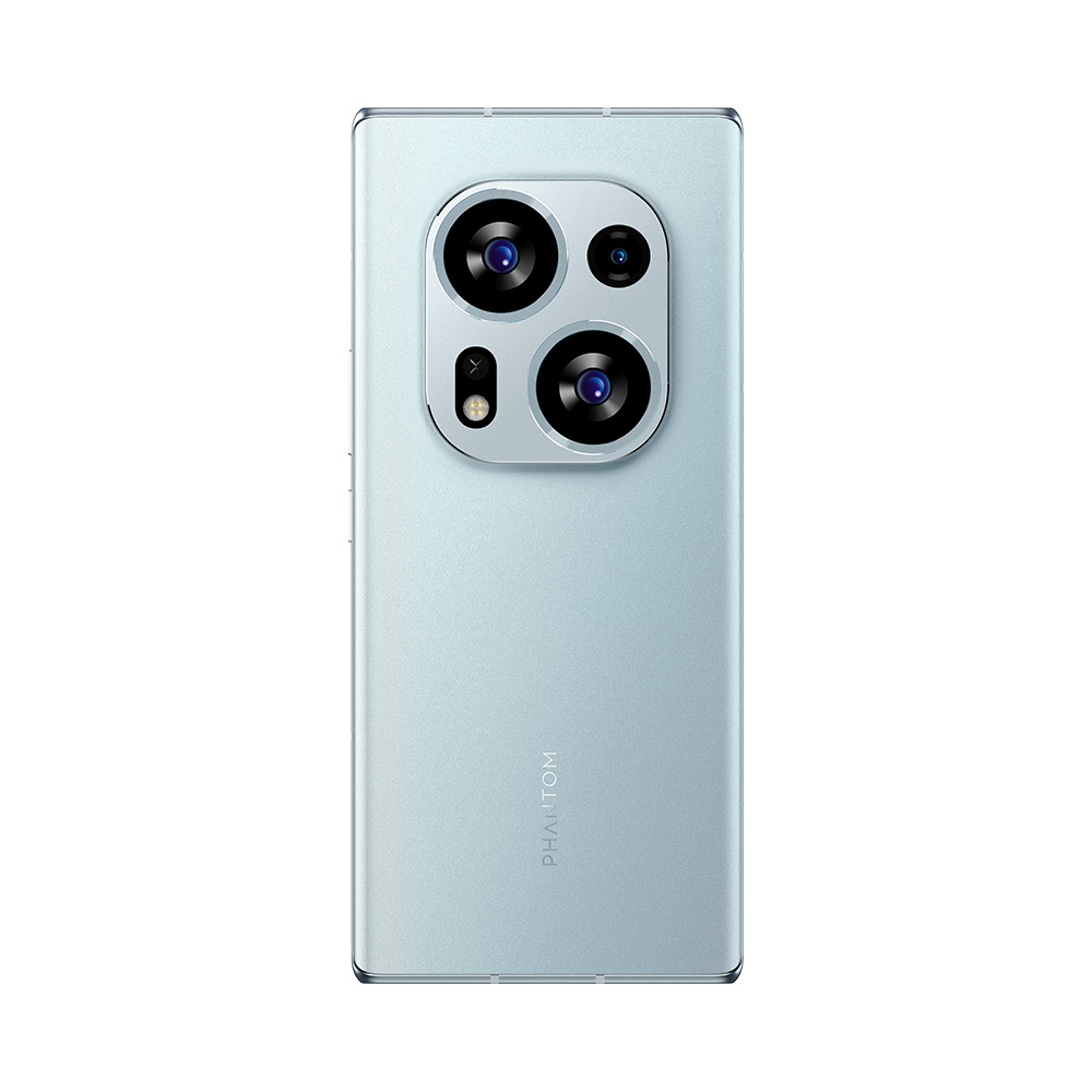 Arka tarafında üçlü kamera kurulumu bulunan açık mavi akıllı telefon. PHANTOM marka adı görünür.