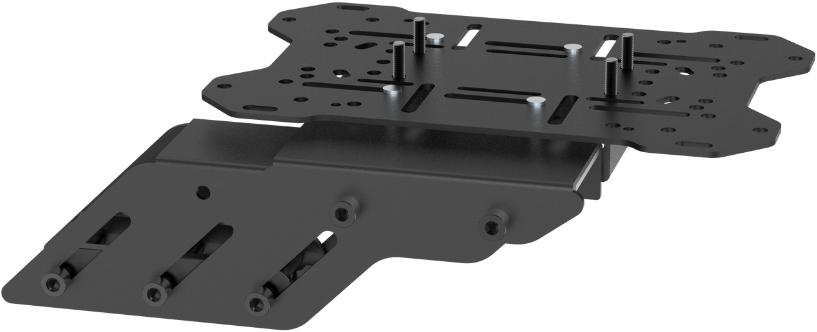 Schwarze Metallhalterung mit Schrauben, oberen und unteren Platten, zur Montage.