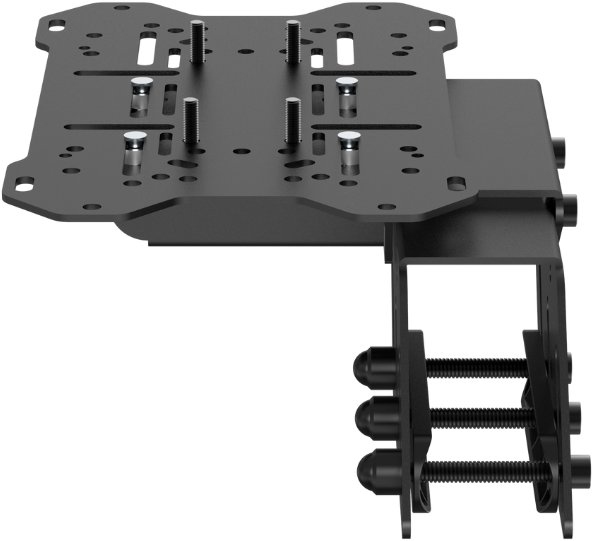 Schwarze Metall-Montagehalterung mit mehreren Einstellschrauben. Es ist ein Gerät, das in der Simulationsindustrie verwendet wird.