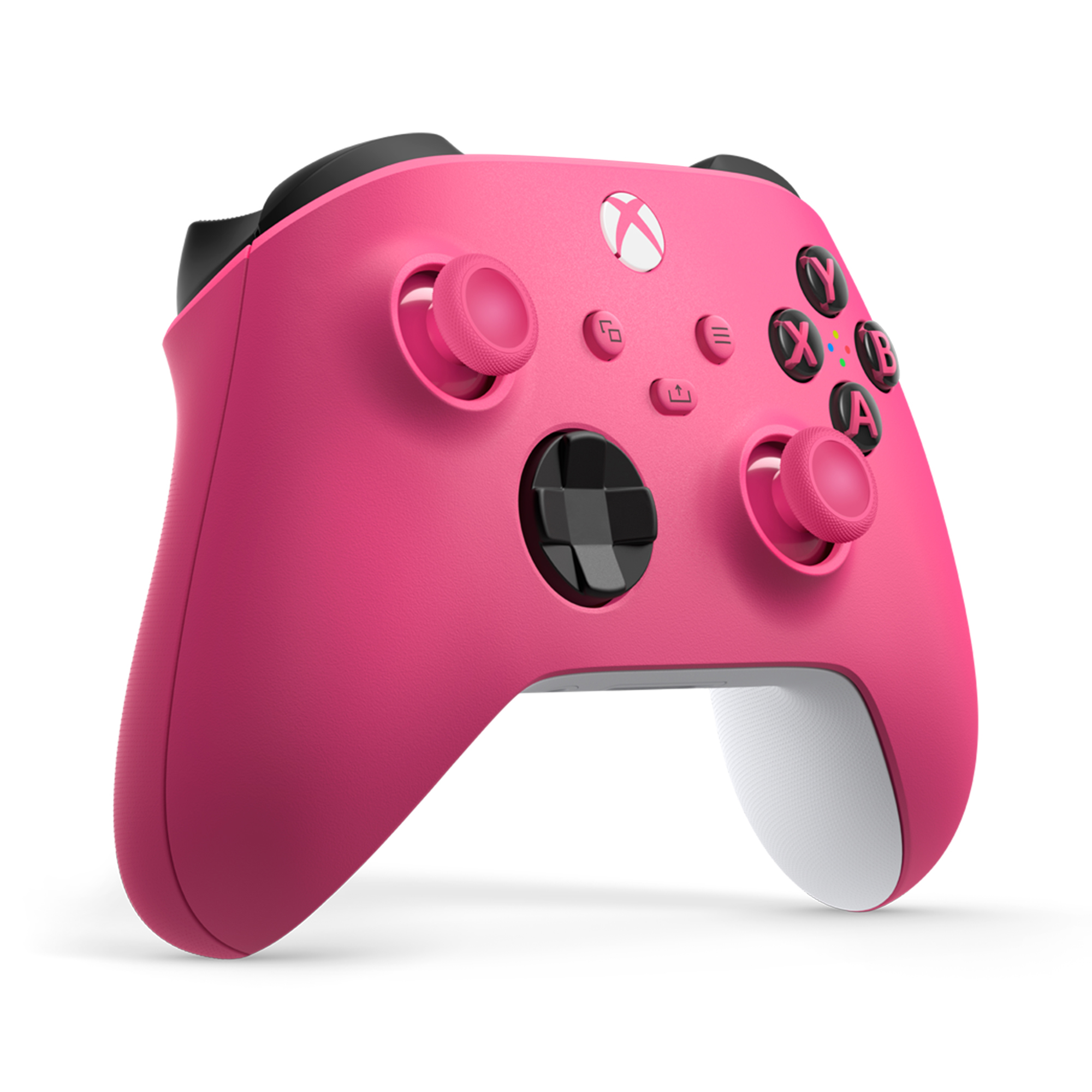 Pembe bir Xbox denetleyicisi. Siyah düğmeleri ve çubukları var. Beyaz alt taraf.