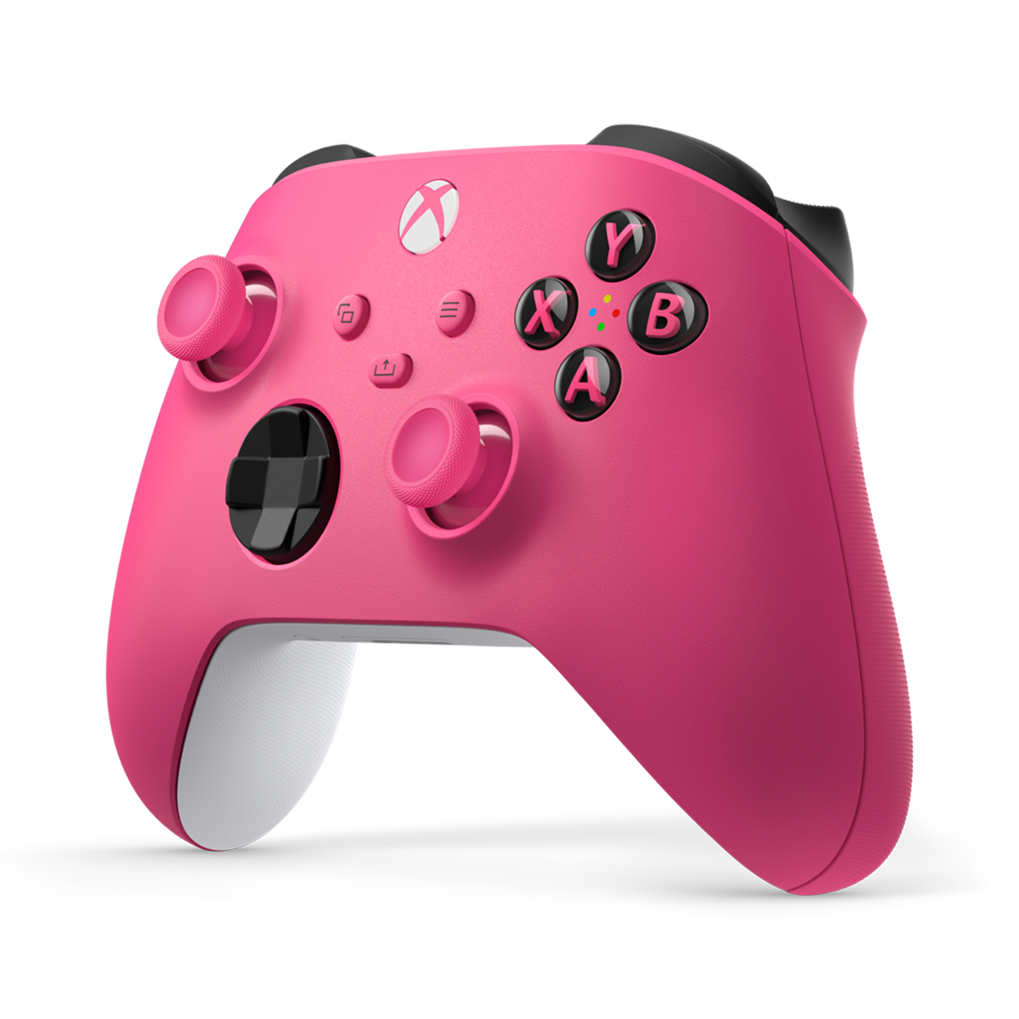 Düğmeleri, çubukları ve Xbox logosu olan pembe Xbox denetleyicisi.