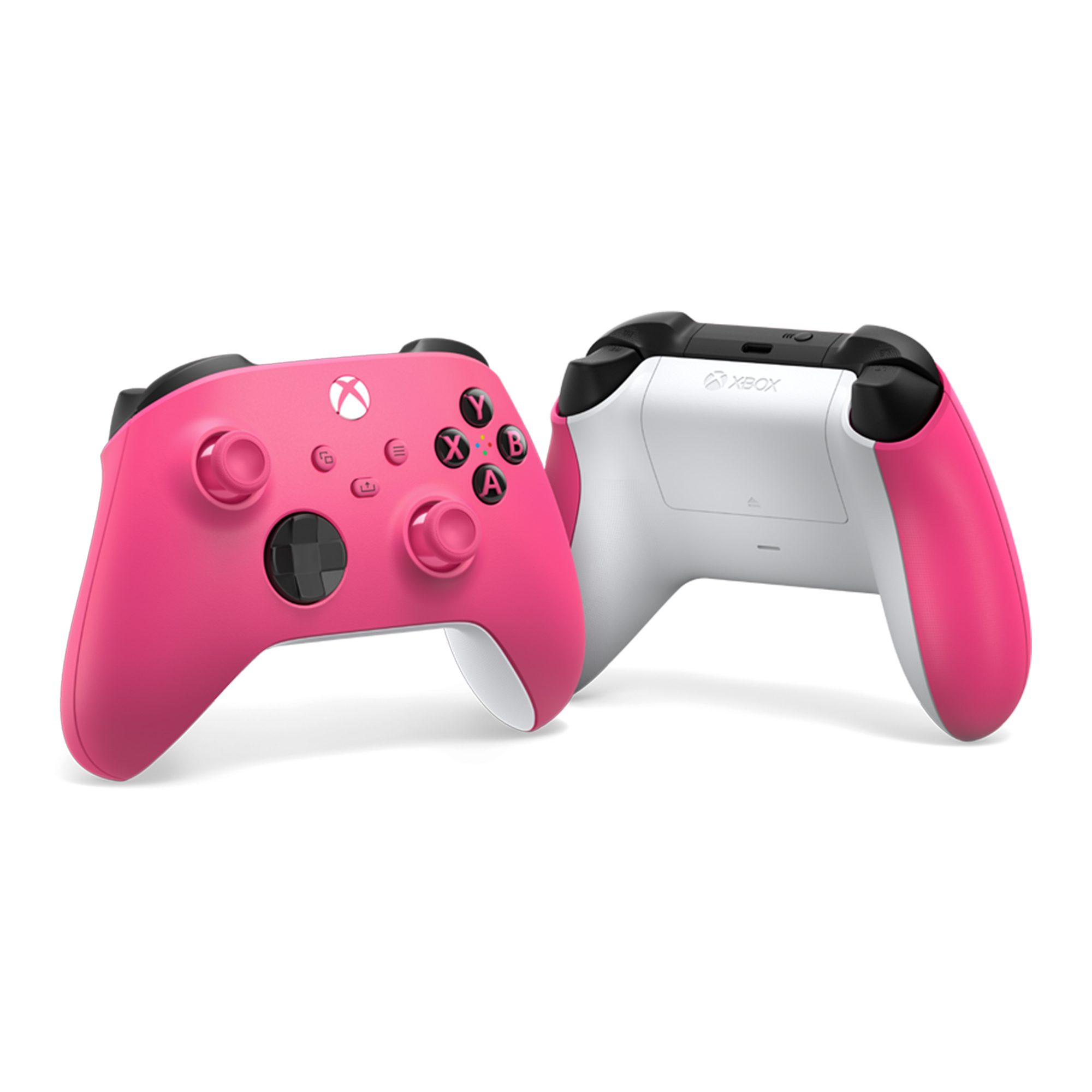 İki pembe Xbox denetleyicisi, biri öne bakıyor, diğeri arkasını gösteriyor.