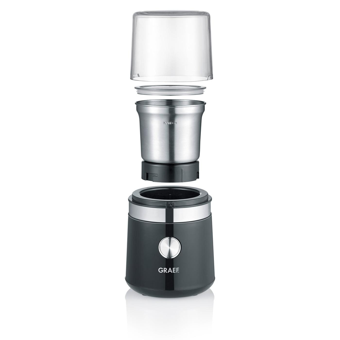 Graef Kaffeemühle: schwarzer Sockel, silberner Behälter, klarer Deckel.