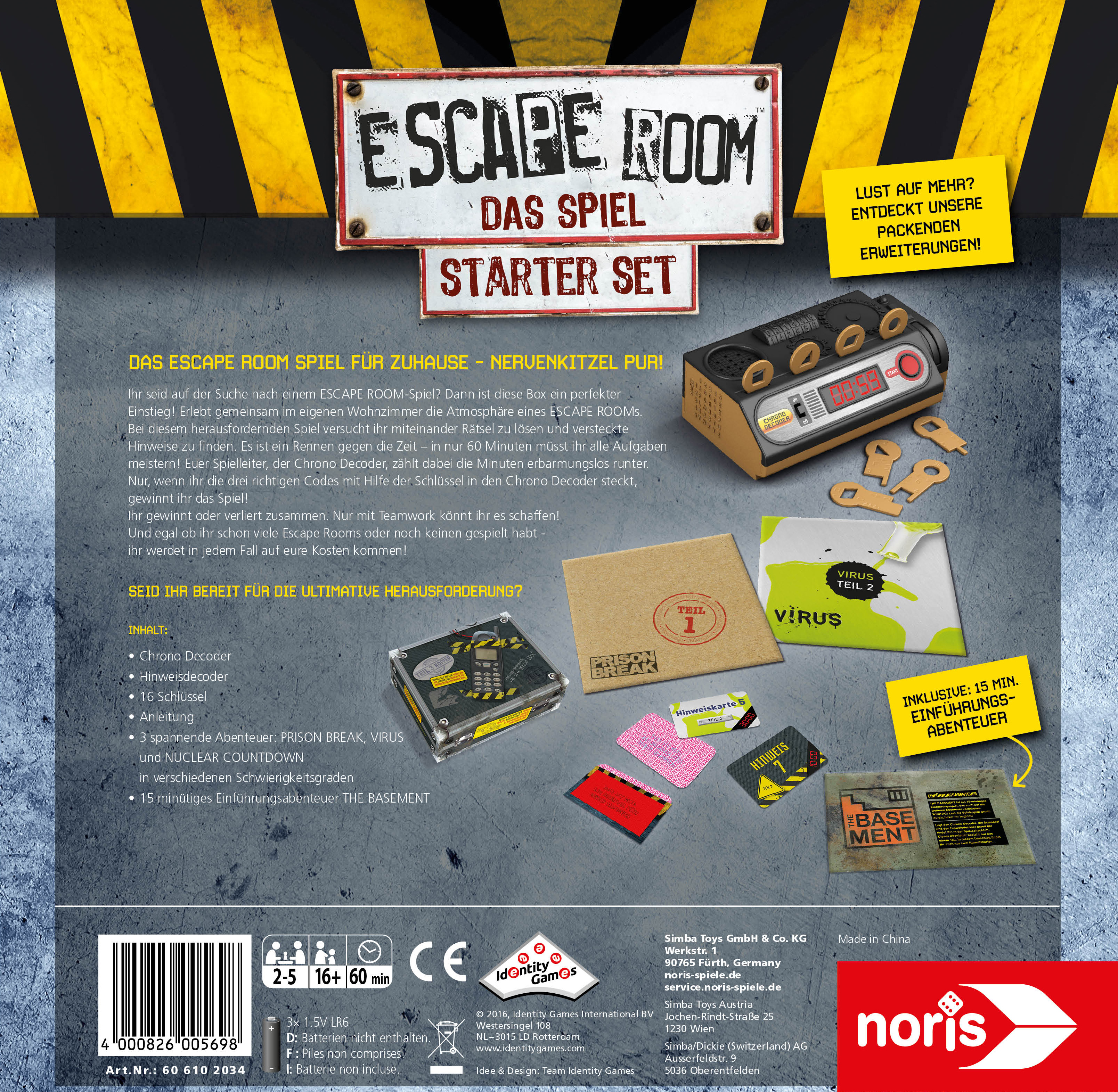 Schachtelkunst für das Brettspiel 'Escape Room', mit Anweisungen, Spielkomponenten und dem Logo.