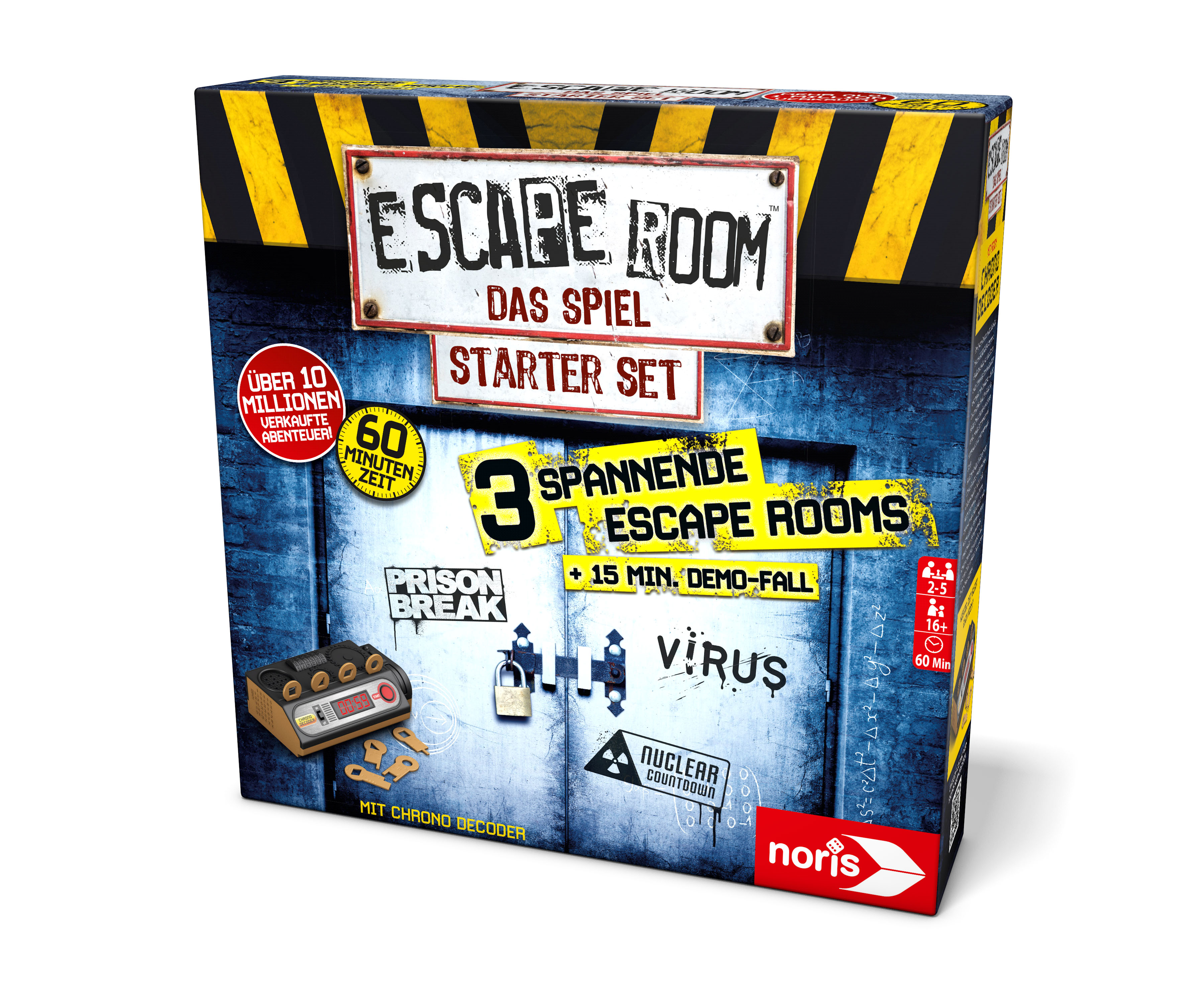 Eine Escape Room Spielbox mit Spieletitel und Bildern der Spielzimmer.