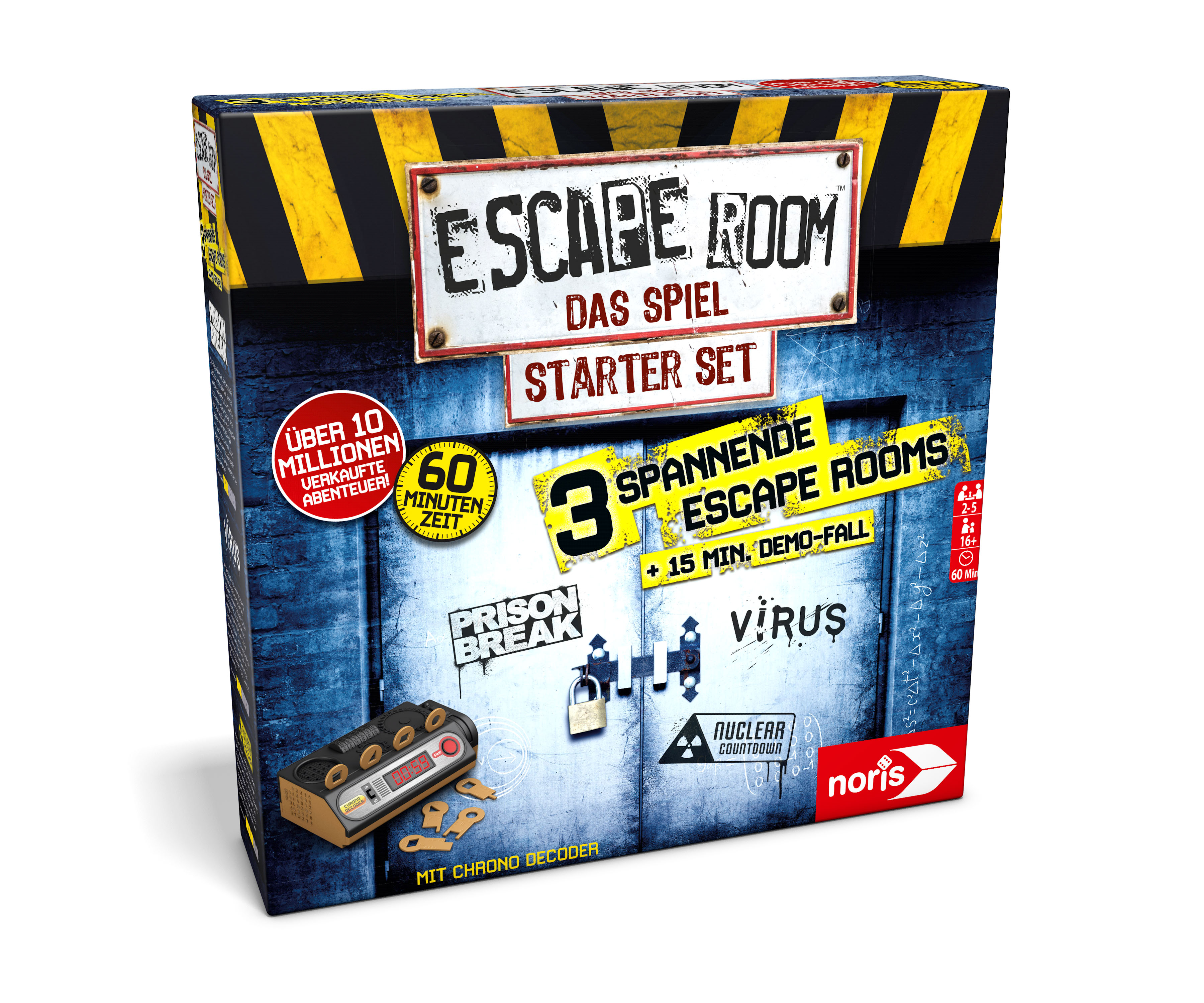 Eine Escape Room Spielbox mit Schloss und den Wörtern 'Prison Break', 'Virus' und 'Nuclear Countdown'.