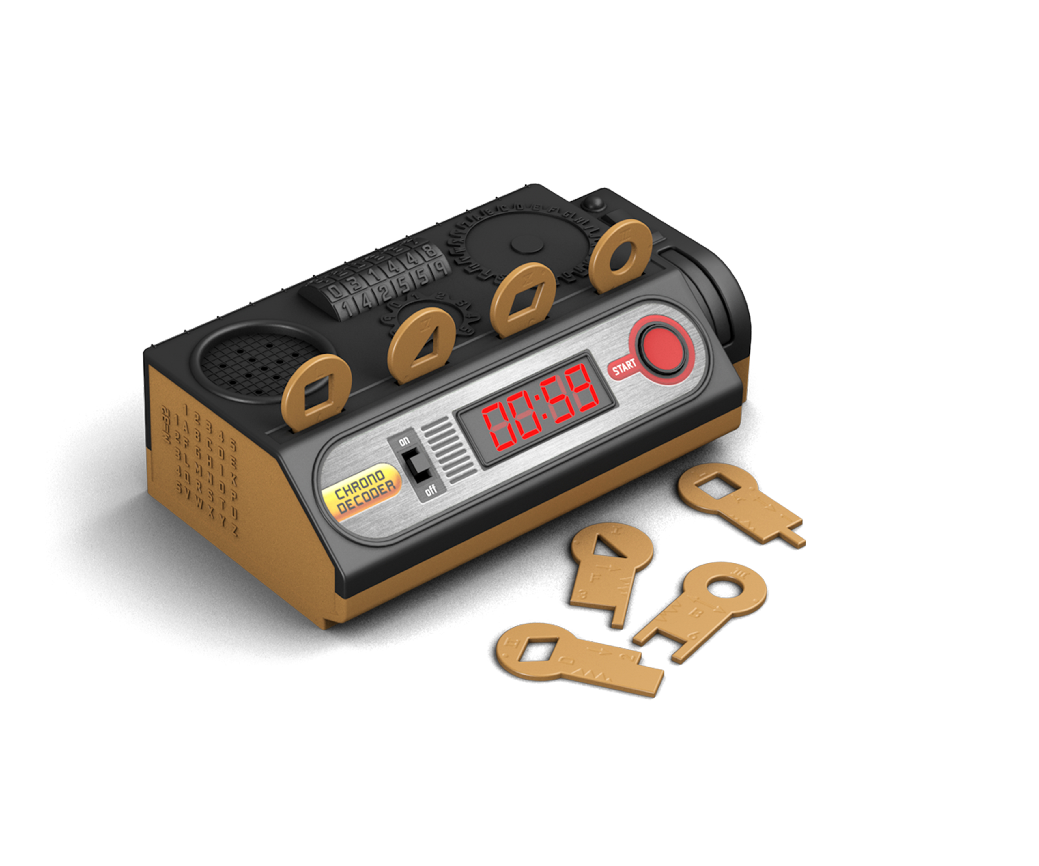 Schwarz-goldener Decoder mit Schlüsseln. Der Timer zeigt 55 Sekunden.