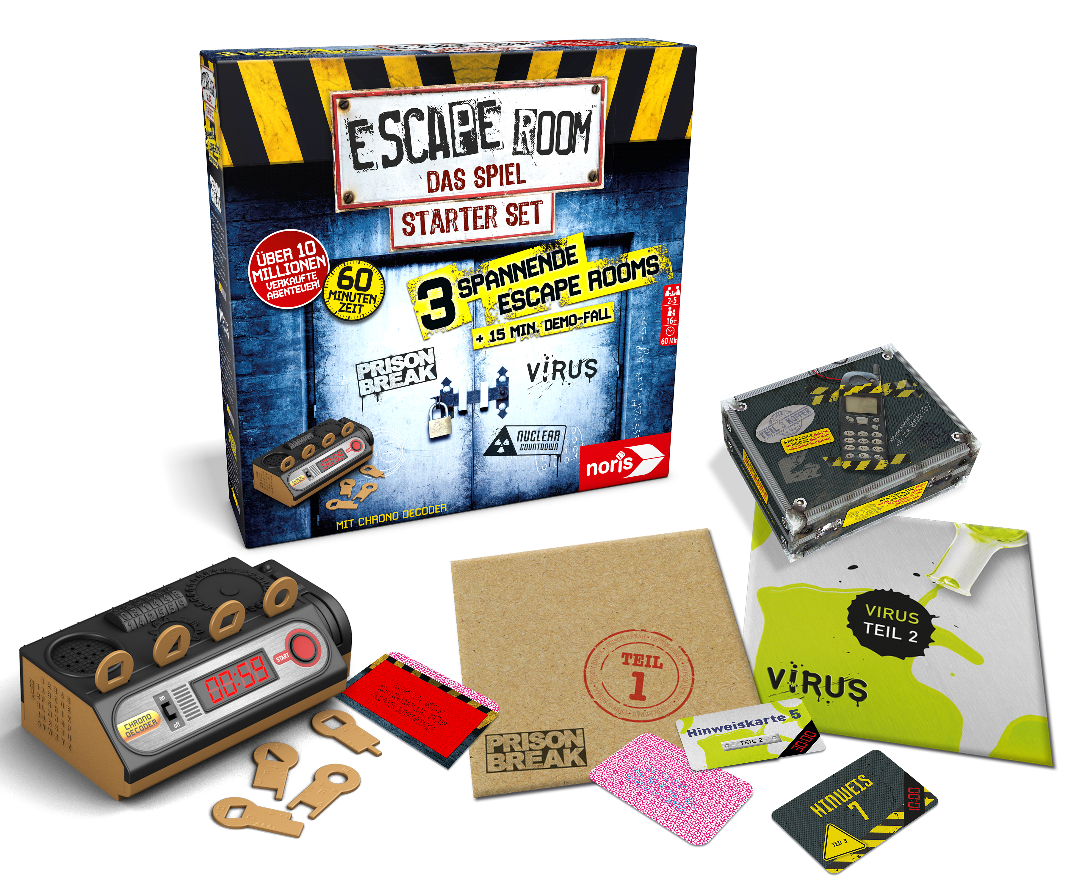Boxed Escape Room Spielset mit verschiedenen Komponenten, darunter Karten und ein Decoder.
